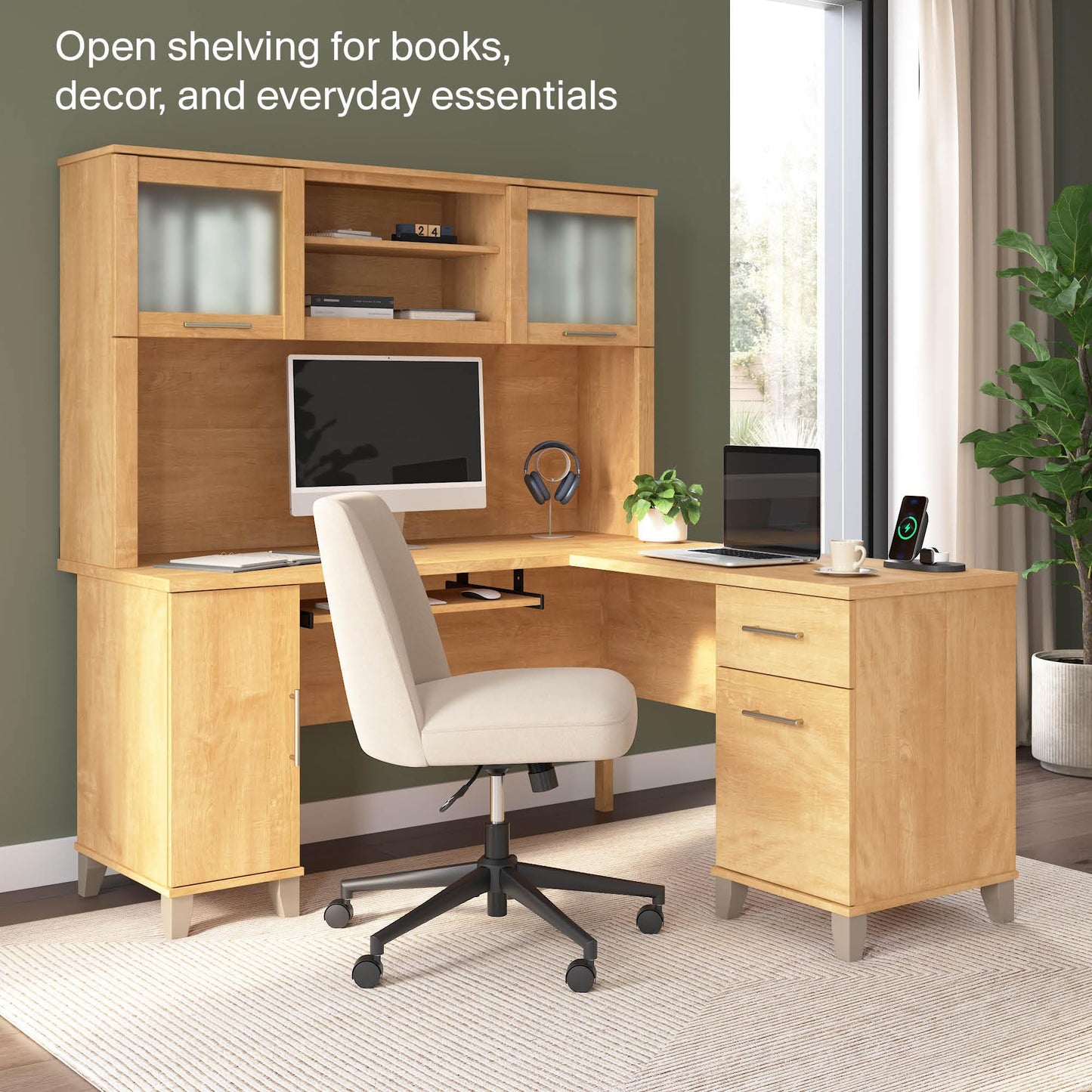 Bush Home 60-Inch Desk Hutch, Office Storage Organizer with Shelves, Cubbies and Frosted Glass Doors for Computer Desk, Home Office Furniture, Somerset Collection, Maple Cross
