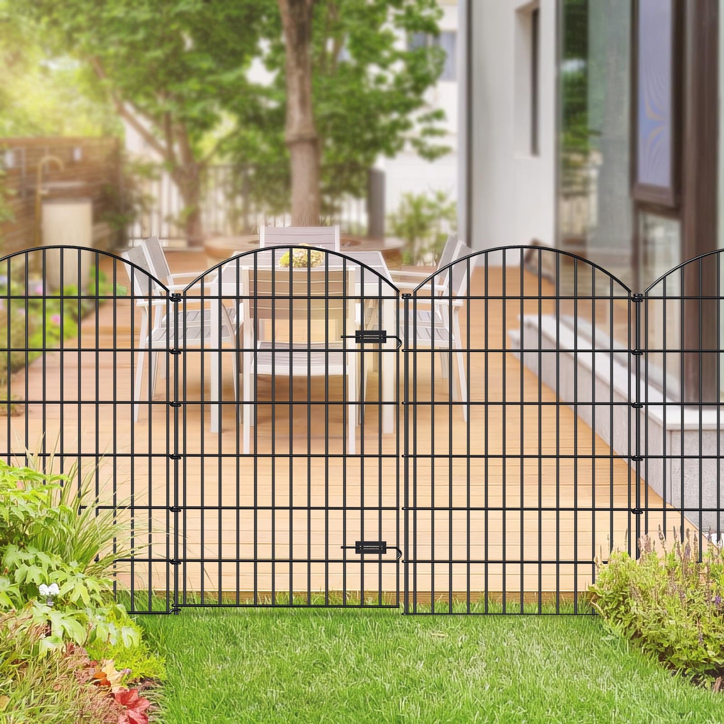 FOREHOGAR Metal Garden Fence with Gate 48in (H) x 20.3ft (L), 1 Gate+ 7 Panels Dog Fences Border Fence Animal Barrier, No Dig Garden Fencing for Yard Flower Bed Lawn Patio Outdoor, ECG4808G, Black