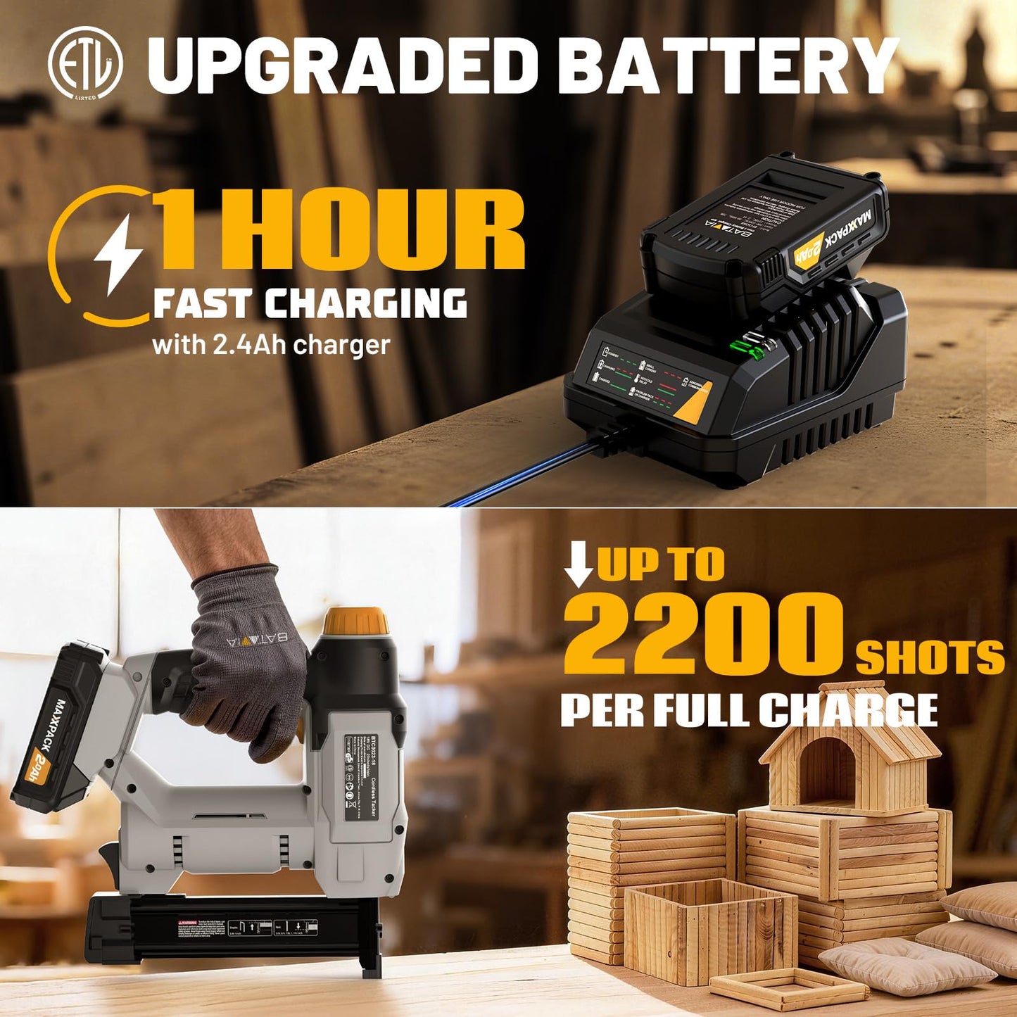 20V Nail Gun Battery Powered, 18 GA 2-in-1 Cordless Brad Nailer Stapler with 2.0Ah Battery, 800 Nails(Up to 1-1/4") and 200 Staples, Electric Nail Gun for Upholstery, Woodworking & Home Improvement