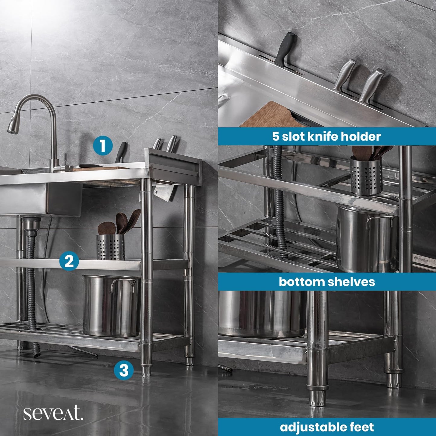 Seveat Freestanding Stainless Steel Utility Sink with Pull-Out Faucet | Laundry Tub with Bottom Shelf | Heavy-Duty for Garage, Basement, Mudroom, Workshop & Outdoor Use (Silver)