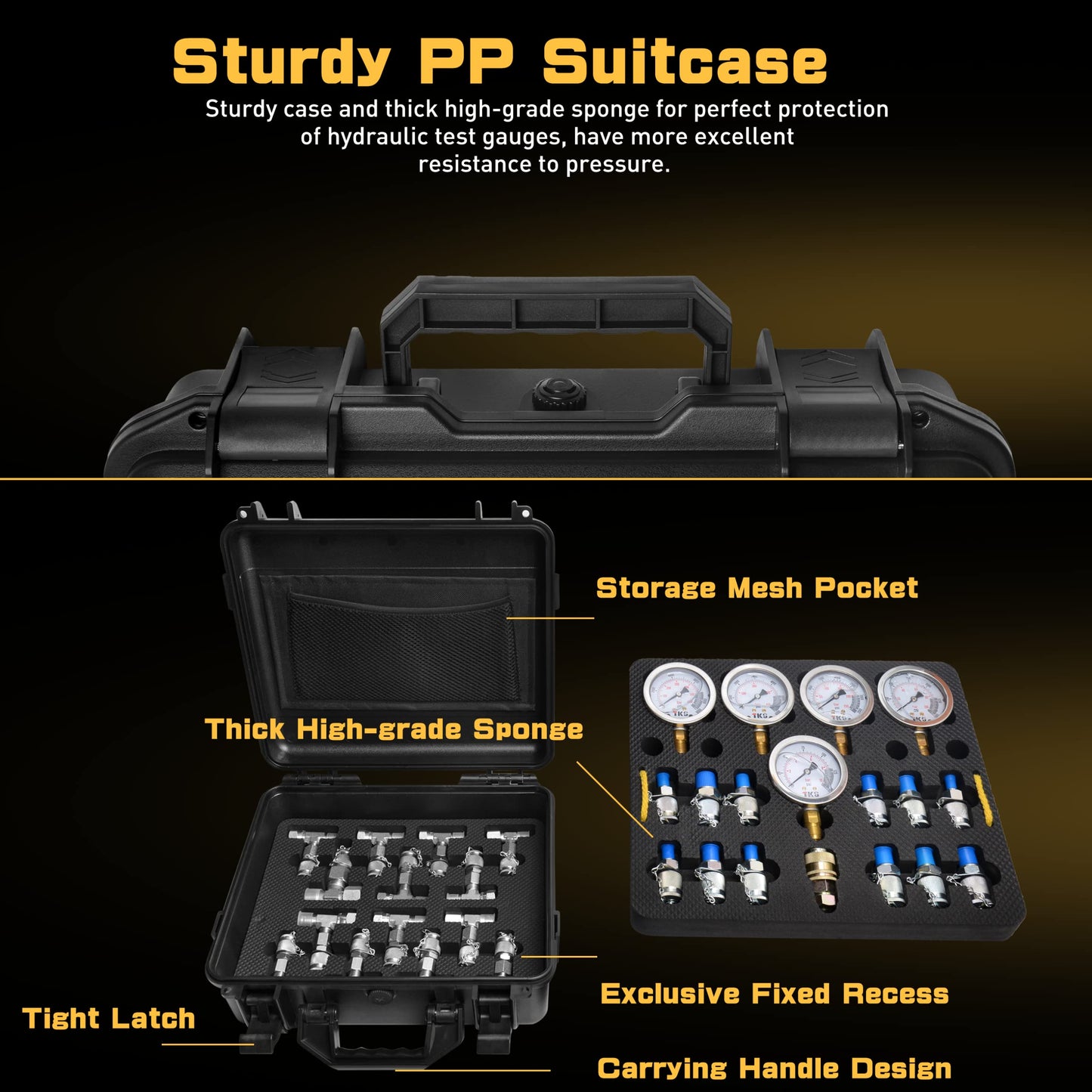 YFIXTOOL Hydraulic Pressure Test Kit with 5 Gauges (150/1500/3500/6000/9000 PSI) & 14 Tee Connectors, Hydraulic Pressure Gauge Set with 5 Test Hoses & 13 Couplings for Excavators.