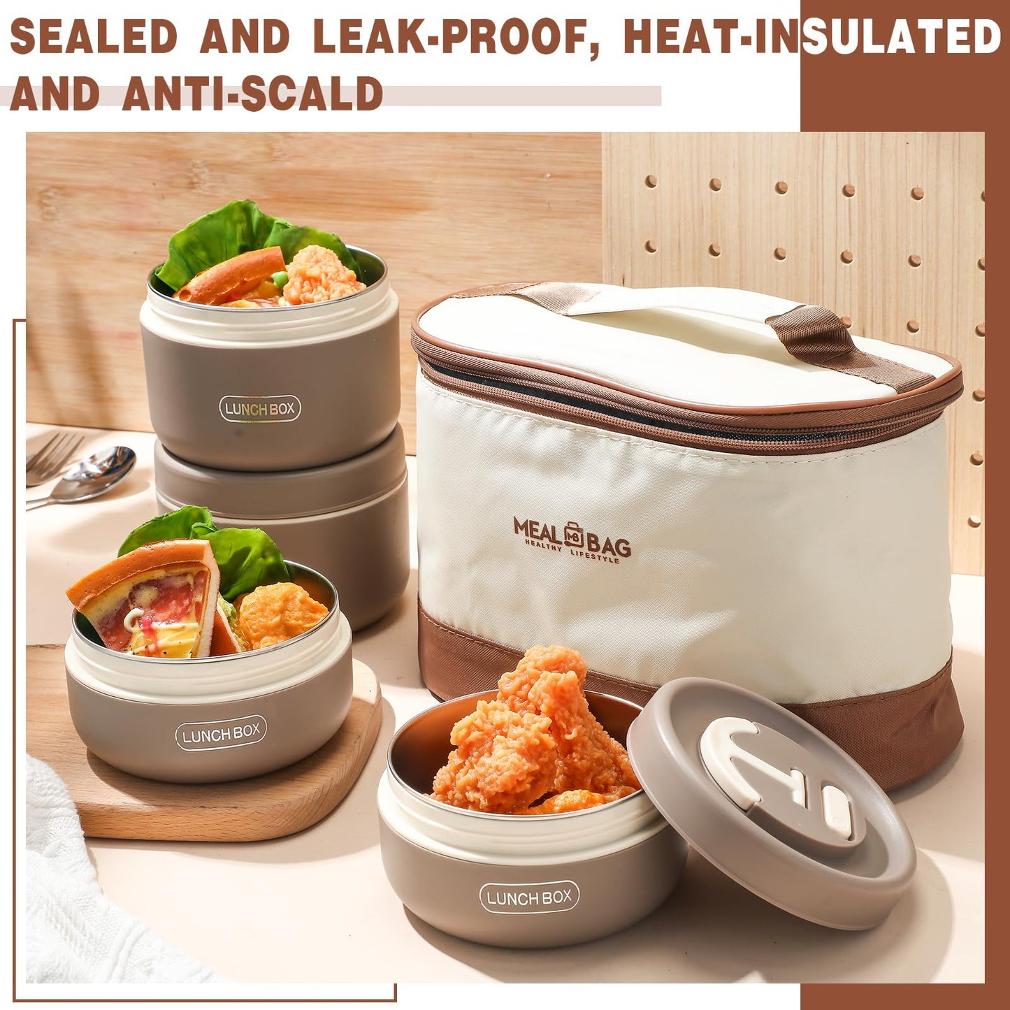Dandat 4 Pcs Insulated Bento Box Portable Stainless Steel Food Container Round Stackable Leakproof Thermal Food Container for Adult Men Women with Insulated Bag, 74 oz(Khaki)