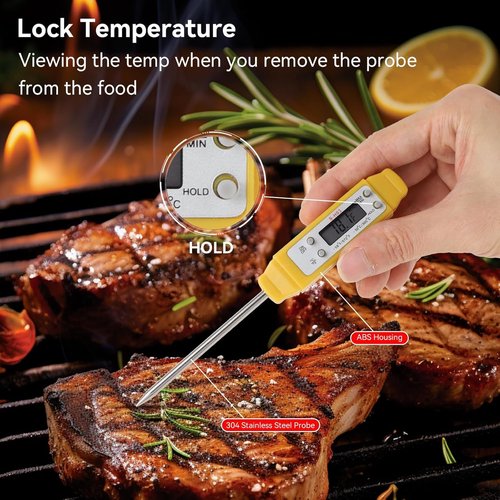 Akozon Digital Food Thermometer - High Accuracy Automatic Calibration | Compact Yellow Pocket Design