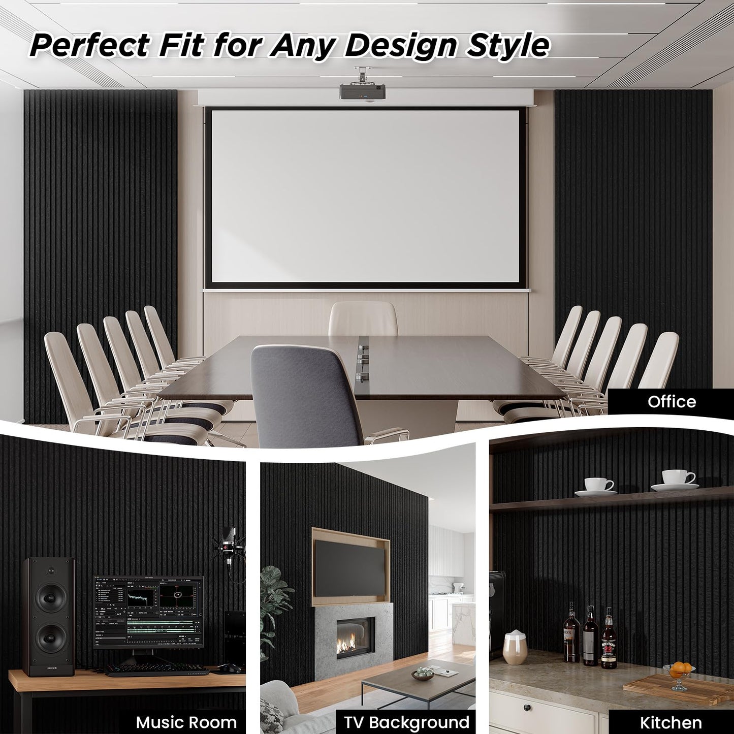 SMARTSTANDARD Acoustic Wall Panels, 4 Piece 106" x 12.6" Soundproof Slat Wall Paneling for Interior Wall Decor, 3D Fluted Acoustic Wall Panel, Black