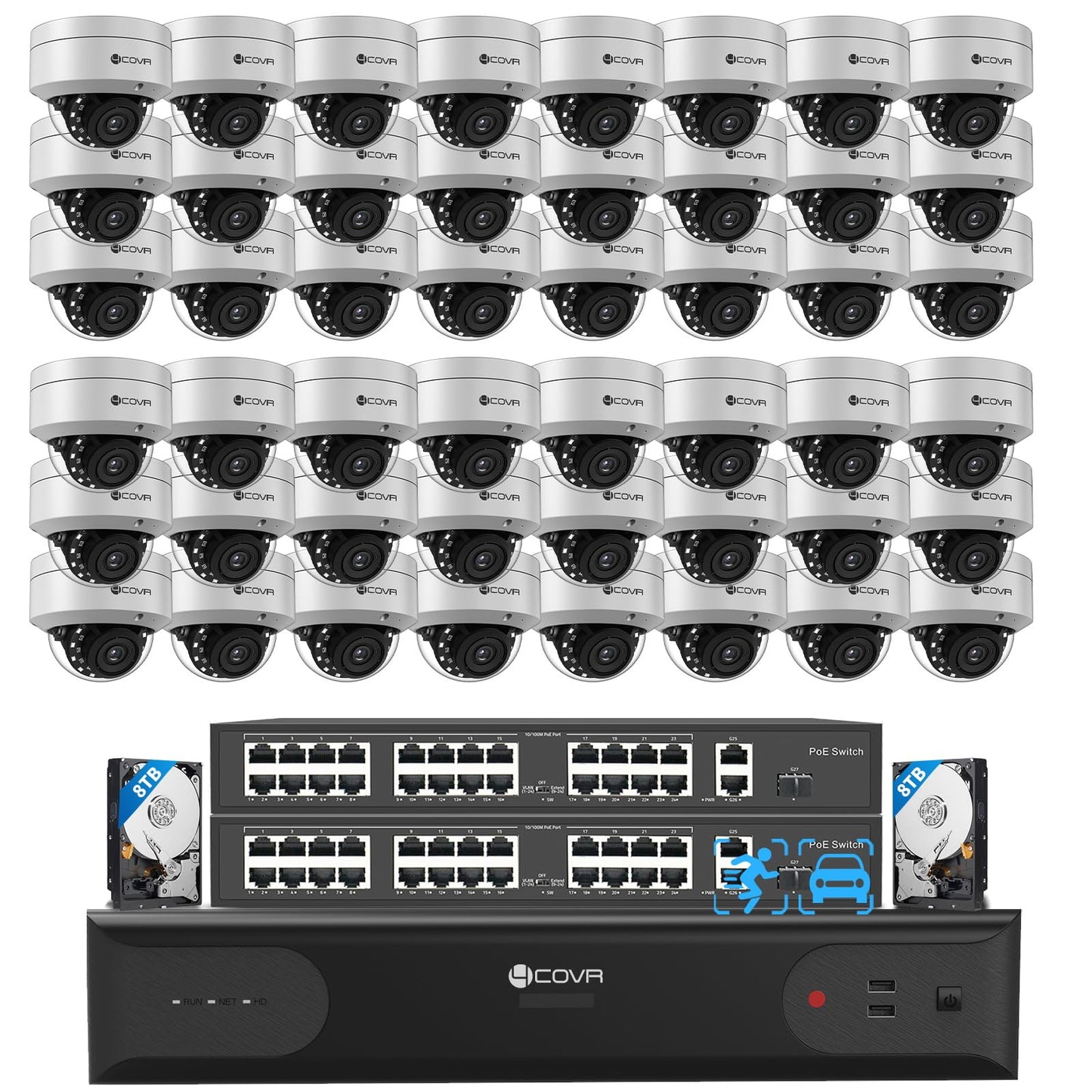 4COVR PoE 64 Channel Security Camera System, Human Vehicle Detection, 48Pcs IK10 Vandal-Proof 5MP Commercial Dome IP Camera IP67 with Mic, 8MP NVR 16TB HDD, 24/7 Business Surveillance, LY54AX5M6448