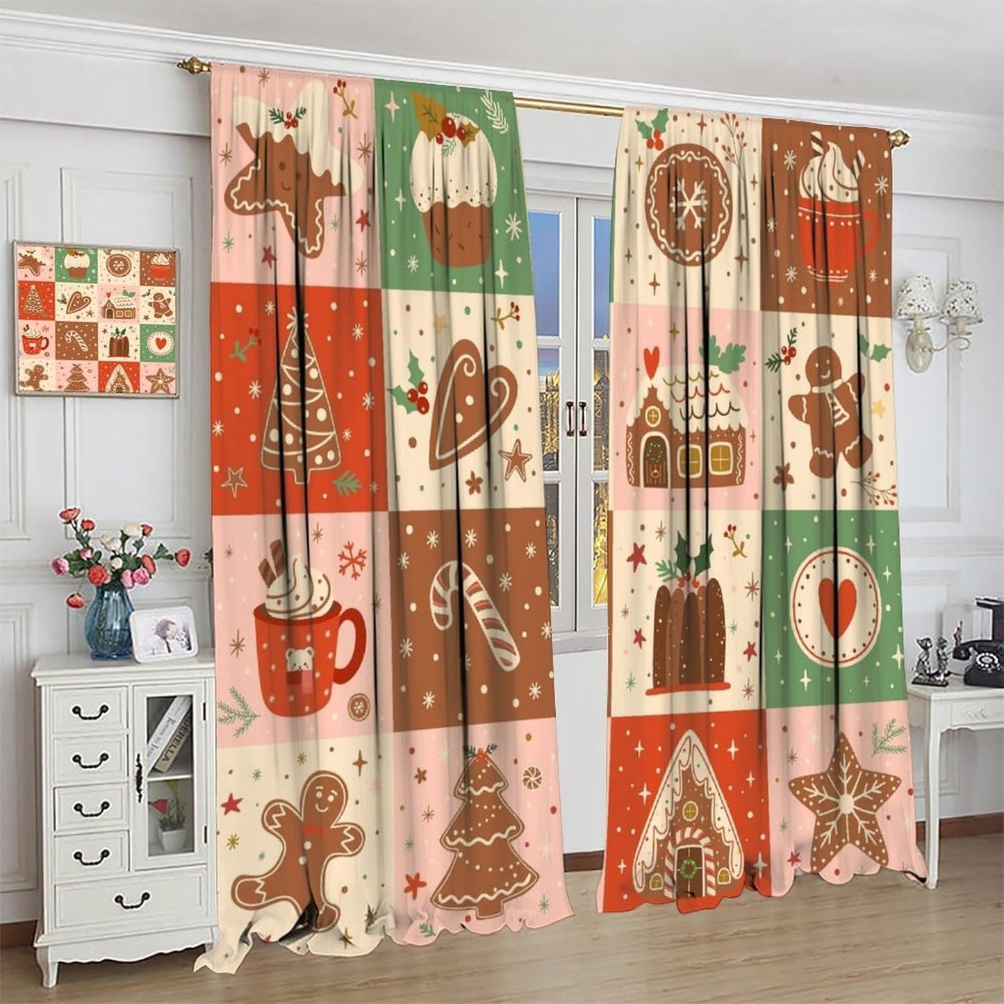 Regine Switzerland Christmas Patchwork Curtains - Hand-Drawn Gingerbread House Design | Winter Holiday Drapes (W20xL45 Inch) - Set of 2