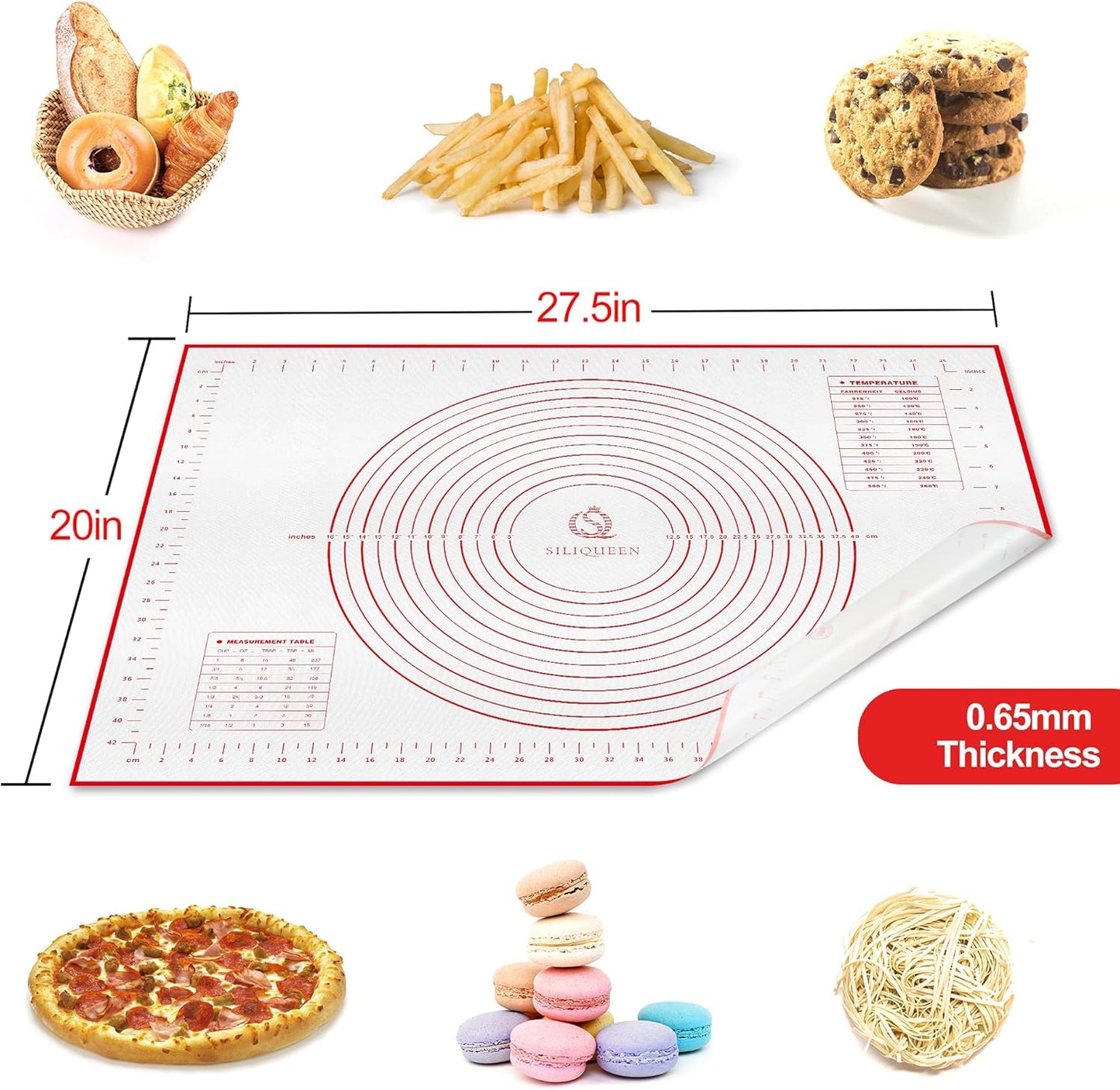 Skiennix Silicone Pastry Baking Mat - Heat Resistant, Non-Stick & BPA Free | 27.5” x 20” Red with Brush & Scraper