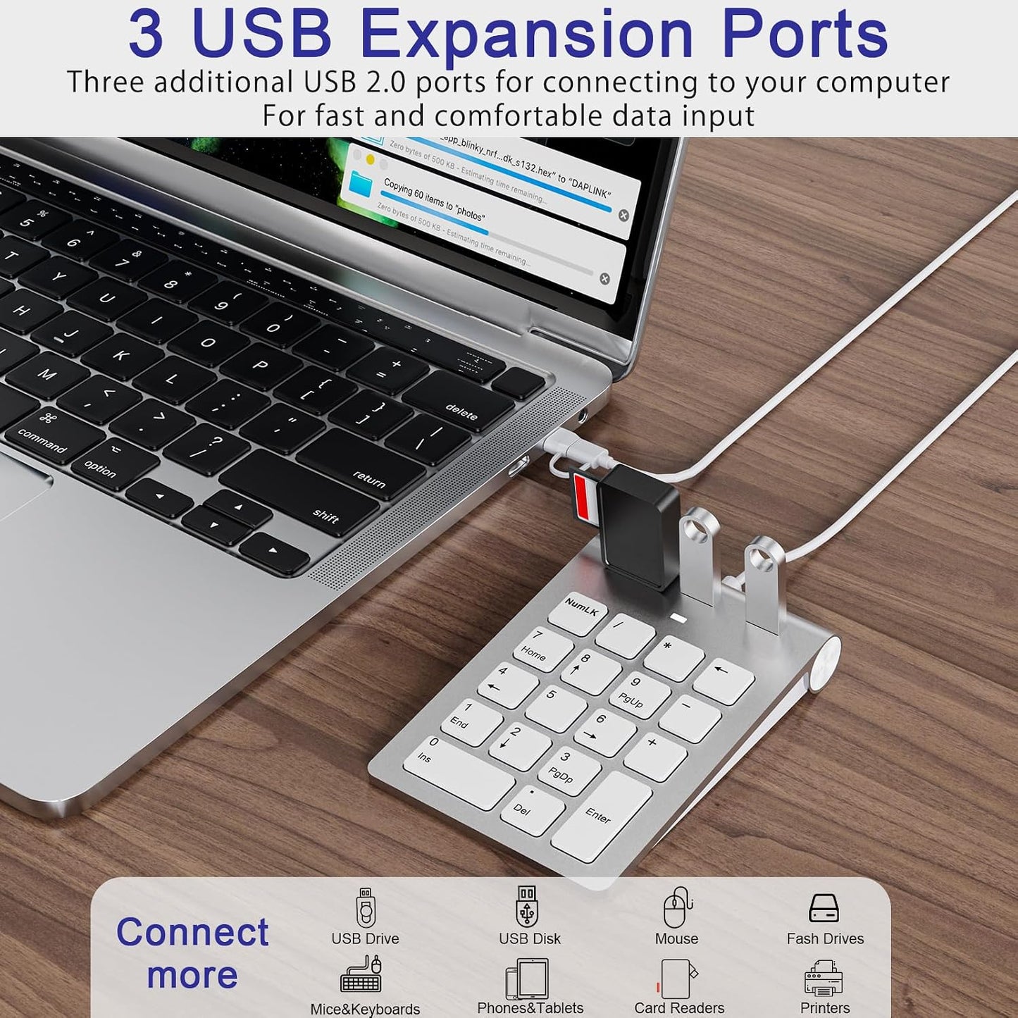 Bawanfa Plus 3 2.0 18 USB C Wired Number Pad, USB Numeric Keypad with USB Ports, Key Number Pad Portable Slim Mini