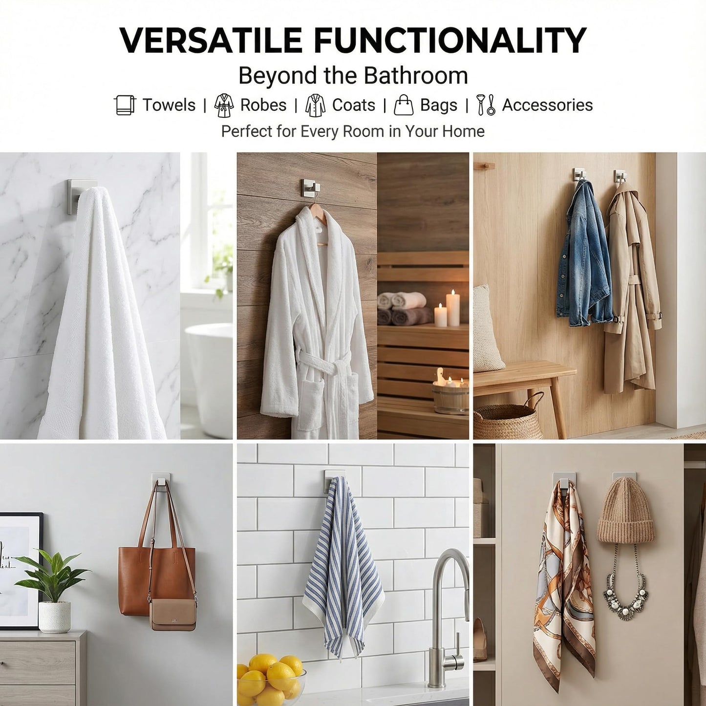 Hiuqixe Towel Hooks for Bathroom 4 Pack, Heavy Duty SUS304 Stainless Steel Robe Hook Wall Mounted, Square Coat Hook Set of 4 for Kitchen Bedroom Hotel Entryway, Brushed Nickel