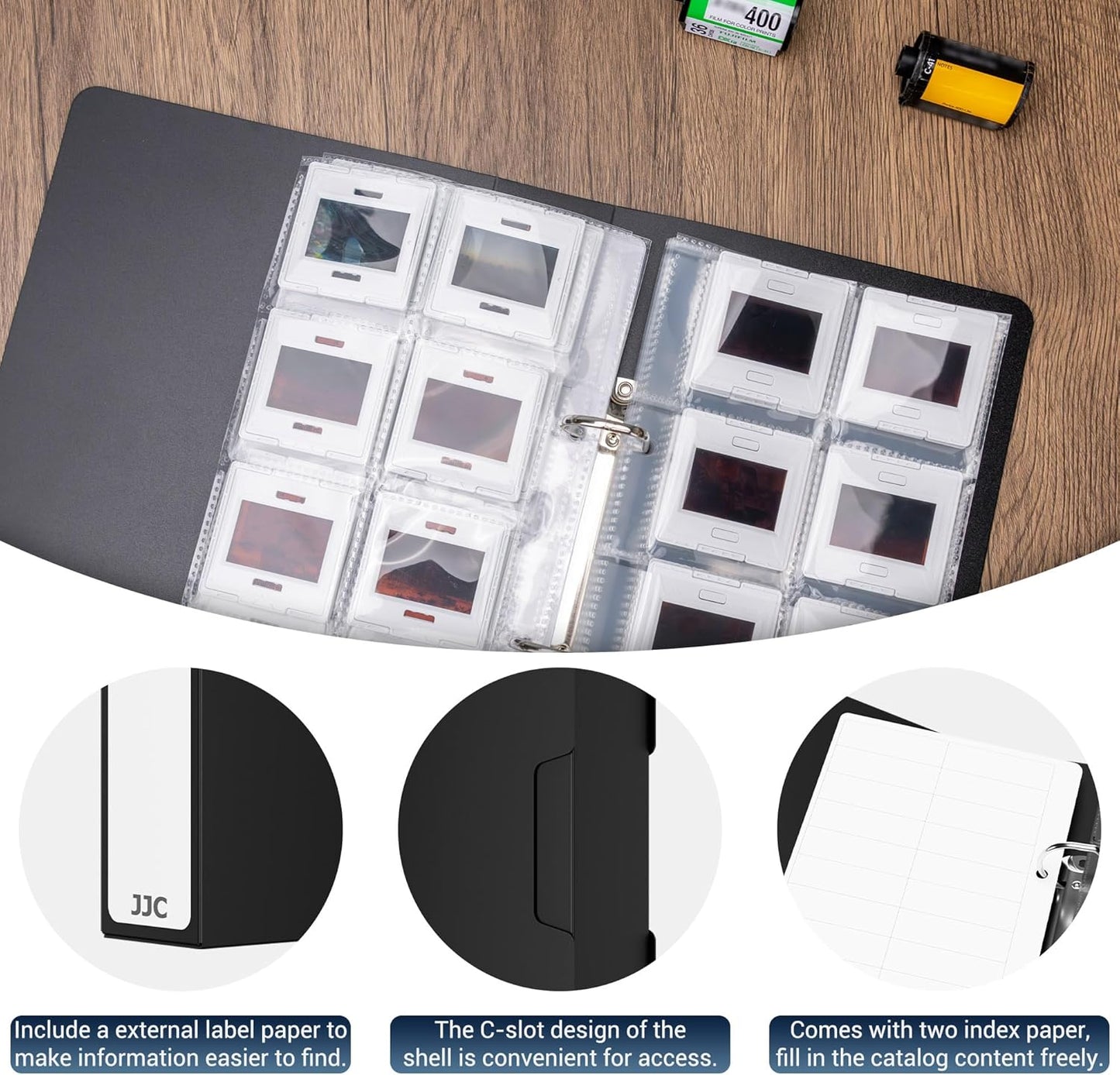 JJC 35mm 96 12 48 Slide Storage Box Kit - Archival Safe Pull-Out Case Holds Mounted Slides, with Acid-Free Pages