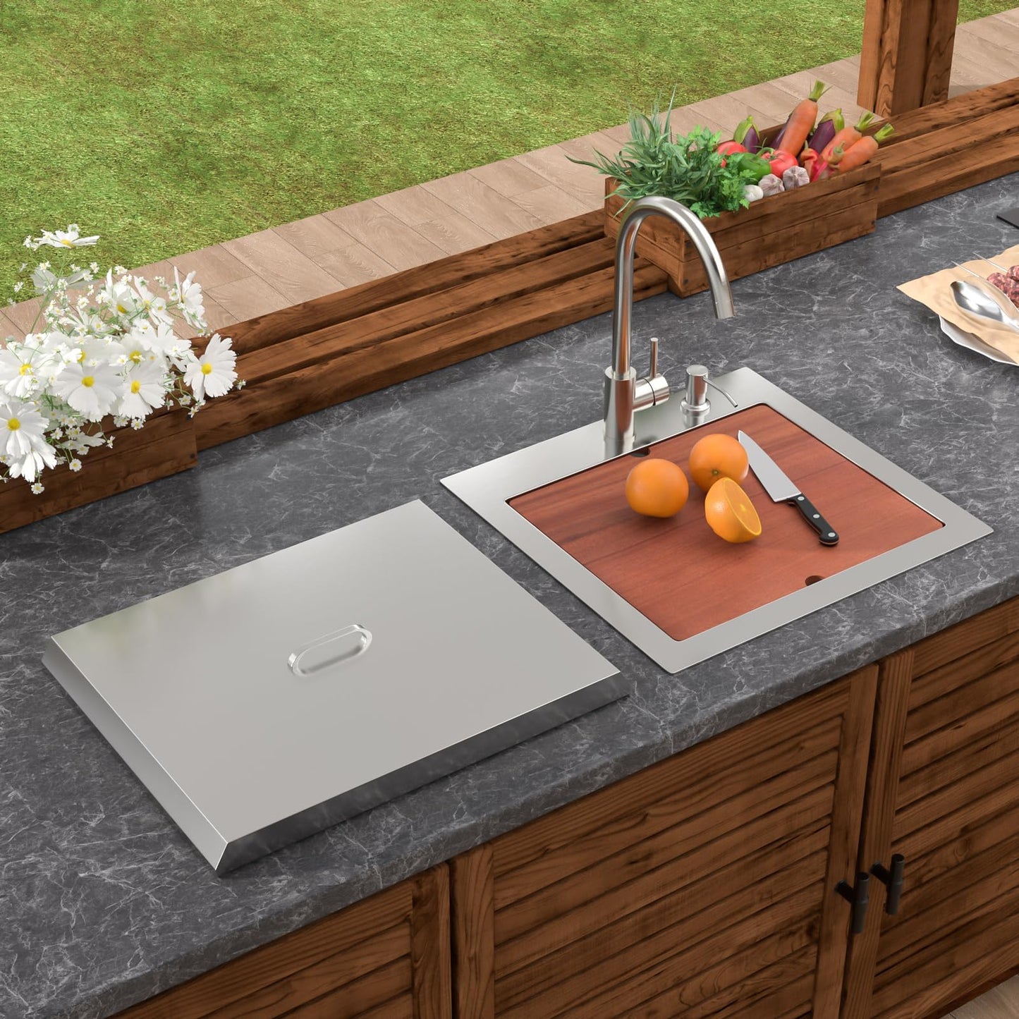 Dcolora 20 In. Outdoor Kitchen Sink, Drop In Workstation Bar Sink for Patio, RV and Utility Use, Single Bowl 304 Stainless Steel with Faucet and Dust Lid, 20"x19"x9" #DC-SFDOE00160