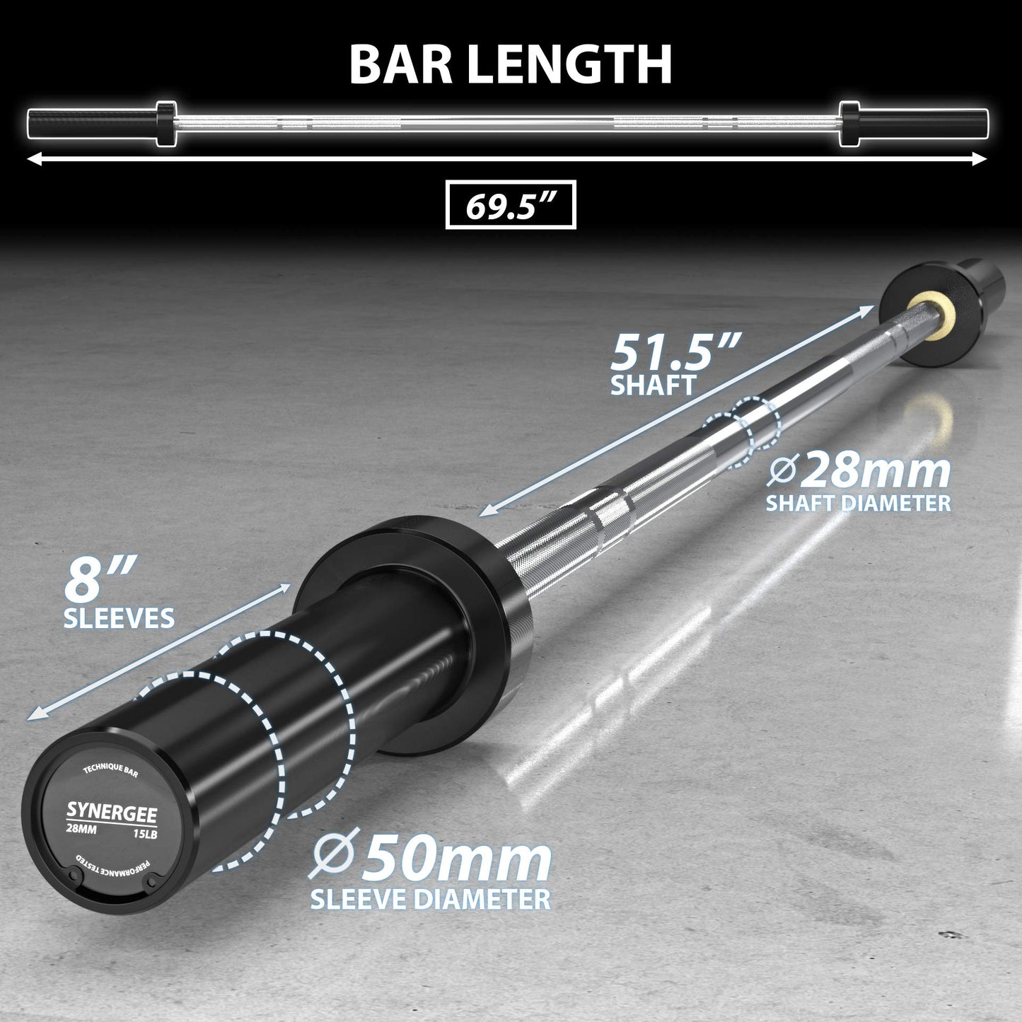 Synergee 15lb Technique Barbell Silver Aluminum Bar for Form & Technique Training for Power & Olympic Lifting.