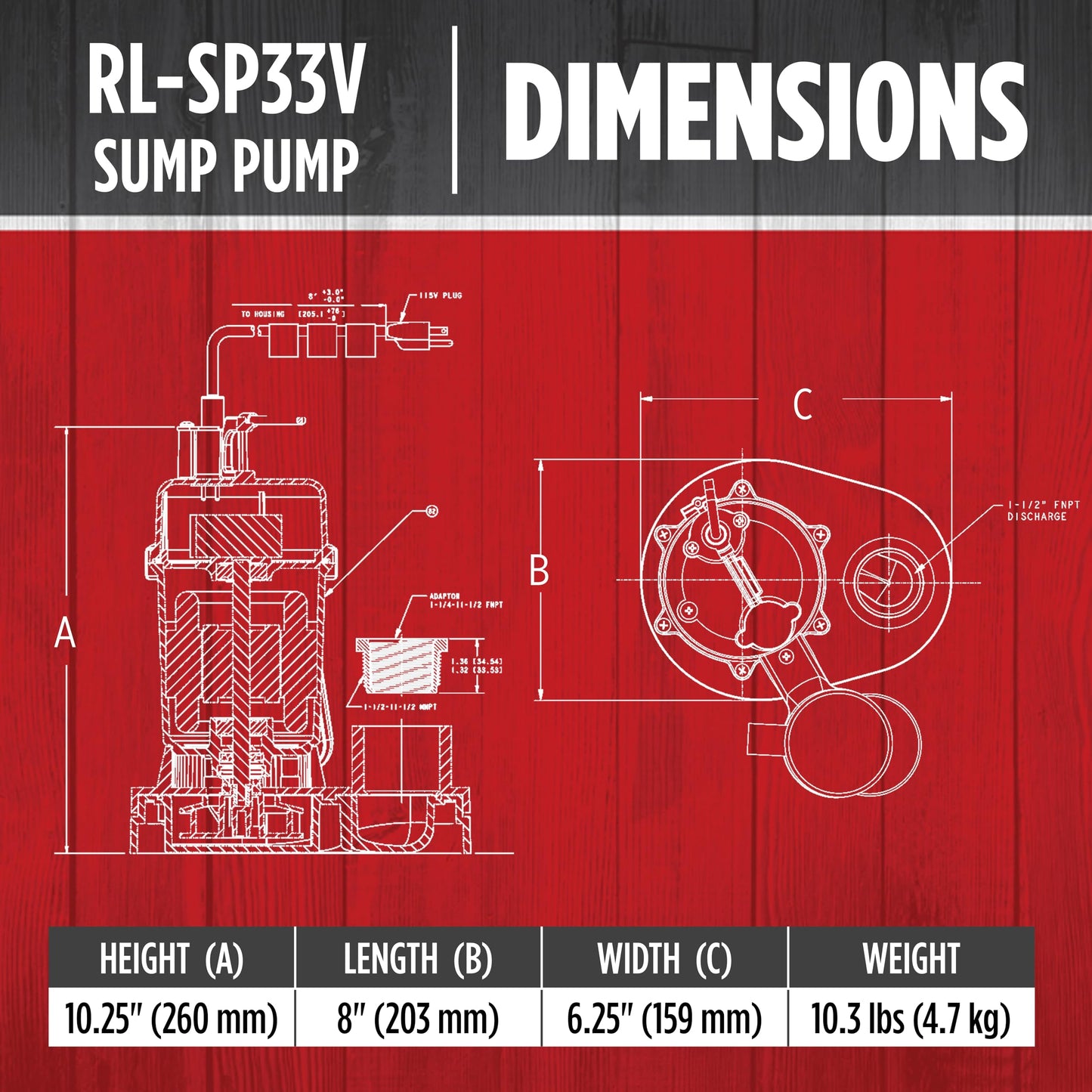 Red Lion RL-SP33V 115-Volt, 1/3 HP, 3200 GPH Aluminum and Thermoplastic Sump Pump with Vertical Switch and 8-Ft. Cord, Red, 14942741