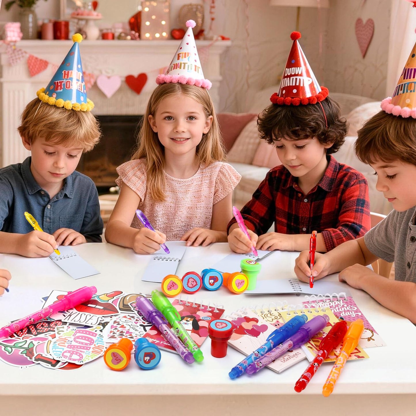 SNLN Valentines Party Favors Valentines Day Gifts for Kids Classroom, 24 Pack Invisible Ink Pen Notebook Stamp Sticker Boys Girls School Classroom Exchange Gifts Birthday Goodie Bags Stuffers - Pet