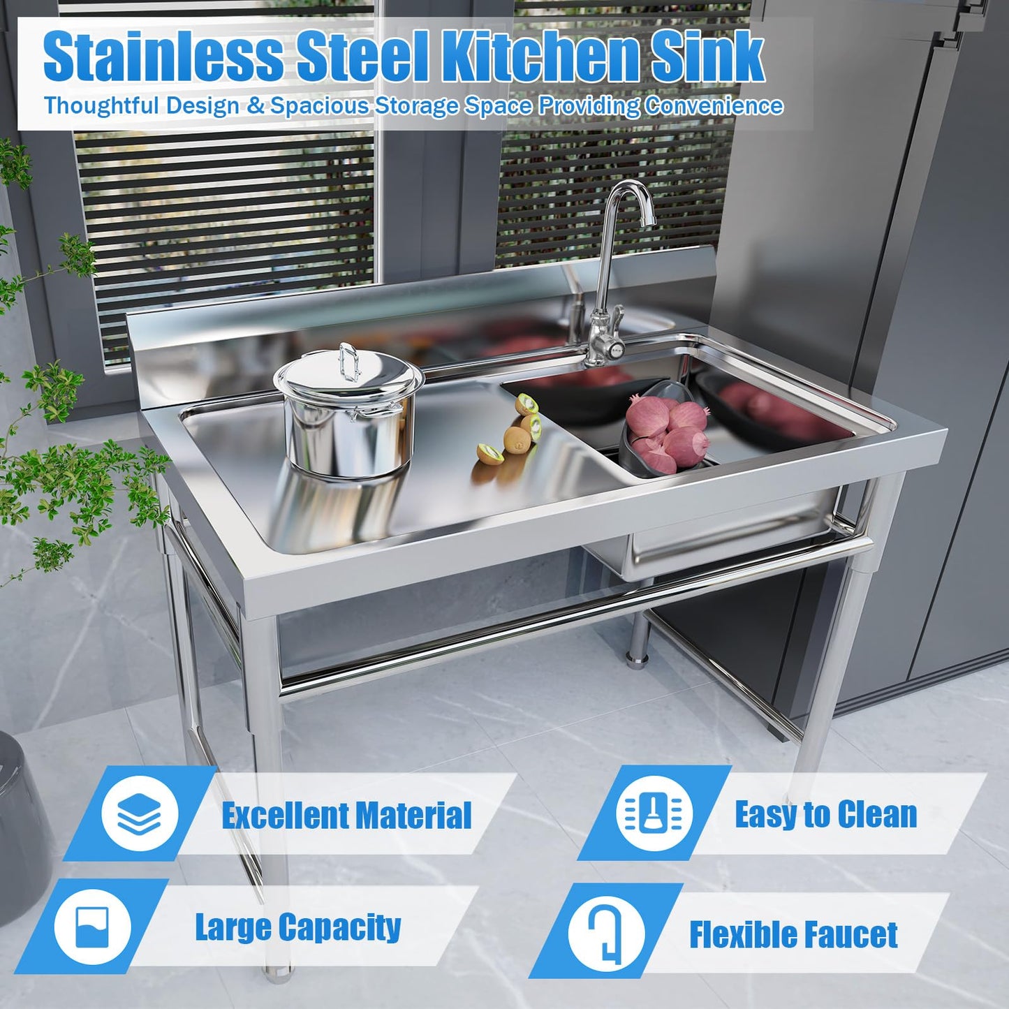 304 Stainless Steel Utility Sink,18 * 15.8 * 8.8in Commercial Sink,Single Compartment Workbench Sinks,Free Standing Multifunctional Sink Set for Restaurant, Laundry Room,Backyard,Garage