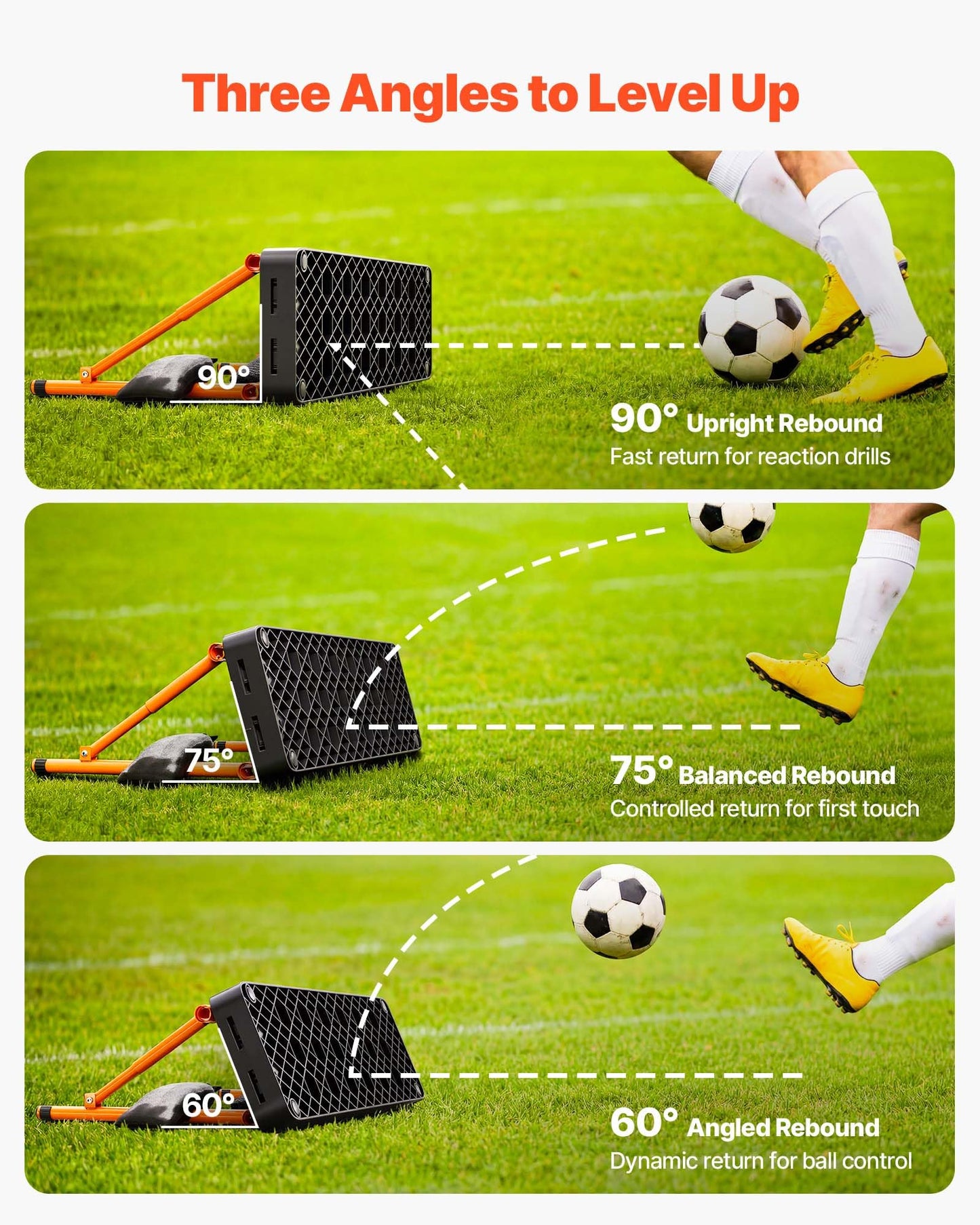 VEVOR 6-in-1 Soccer Rebounder Board, 37.4 x 9.8 in Portable Soccer Rebound Wall, Dual Surface Sports Kick Back Trainer, 3 Adjustable Angles Soccer Training Equipment for Passing, Control & Reflex