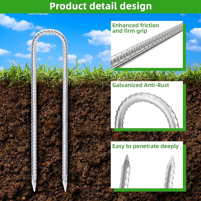 Trampoline Stakes Anchors High Wind 12inx6mm Galvanized U Hook 10pcs Rebar Stakes – Heavy Duty Ground Anchors for Trampoline,Yard & Inflatable,Landscape Metal Stakes for Outdoor Decorations