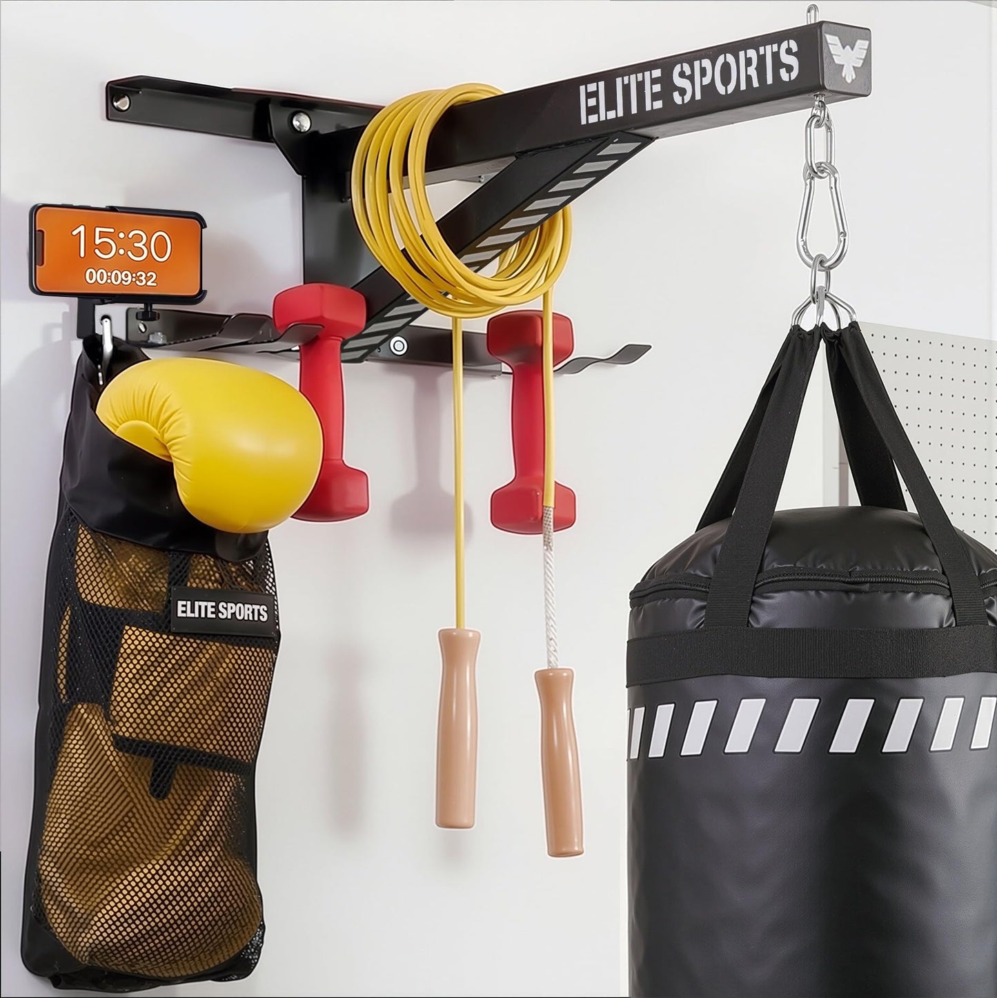 Elite Sports Heavy Duty Wall Mount Punching Bag Hanger, Fixed Stainless Steel Boxing Bag Bracket with Phone Holder, Jump Rope & Dumbbell Hooks, for MMA, Muay Thai, Kickboxing, Gym & Home Training