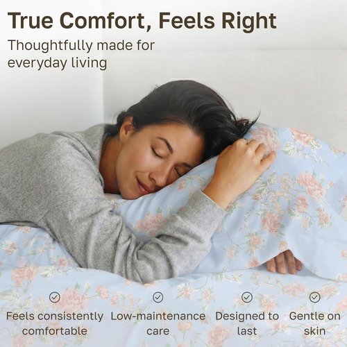 California Design Den King Size Bed Sheets Set - 400 TC Soft Cotton, Smooth Sateen Finish, Deep Pockets - Floral Blue/Pink