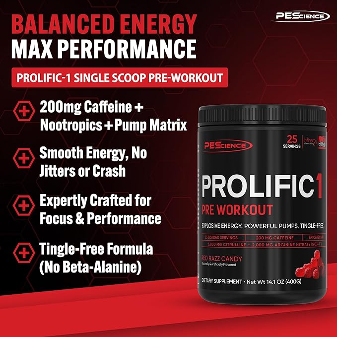 PEScience Prolific-1 Pre Workout Powder for Men & Women with L-Citrulline, Nitric Oxide Booster, Energy Powder & Nootropic for Focus ??Preworkout Without Beta Alanine ??25 Scoops, Red Razz Candy