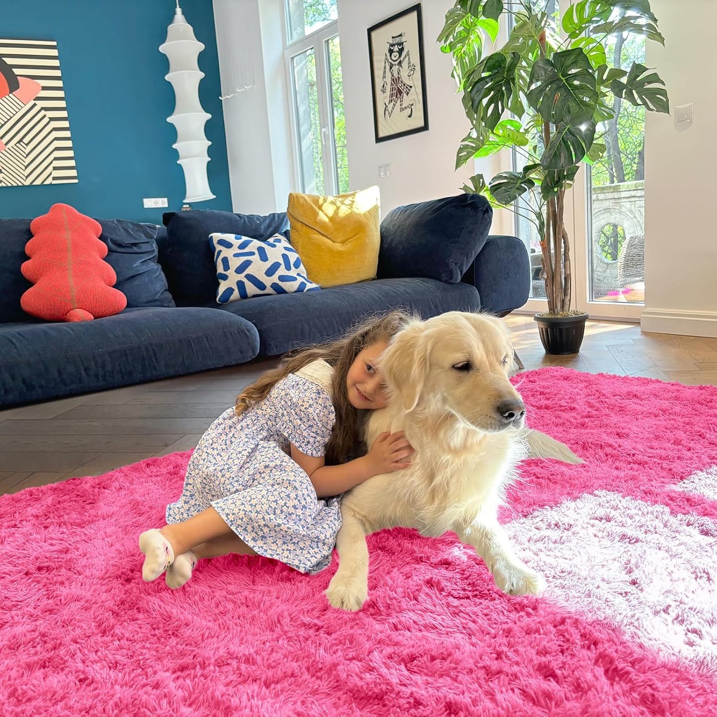 OLANLY Large Area Rug - Soft Fluffy Shaggy Carpet for Living Room & Bedroom | 8x10 Hot Pink