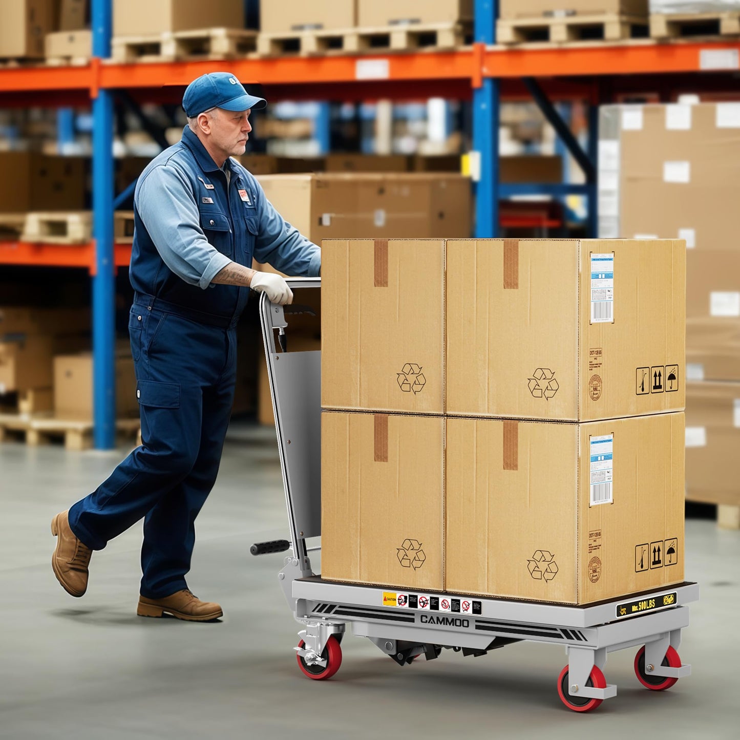 CAMMOO Hydraulic Lift Table Cart, 500lbs Capacity, 28.5" Lifting Height, Single Scissor Lift with Non-Slip Pad & Safety Guard Foldable Handle for Material Handling and Transportation, Gray