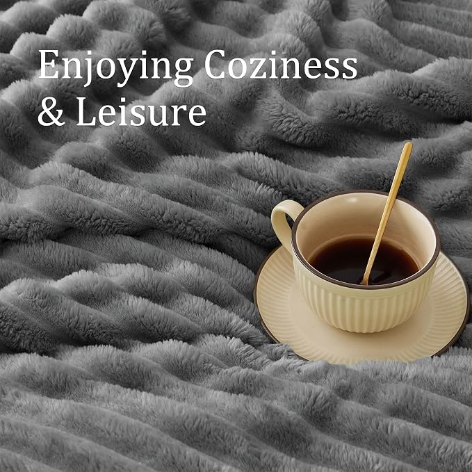 BEDELITE Blankets Queen Size for Bed, 300GSM Soft & Warm Fleece Blanket, Decorative and Giftable Striped Grey Blankets for Women, Men, 90"x90"