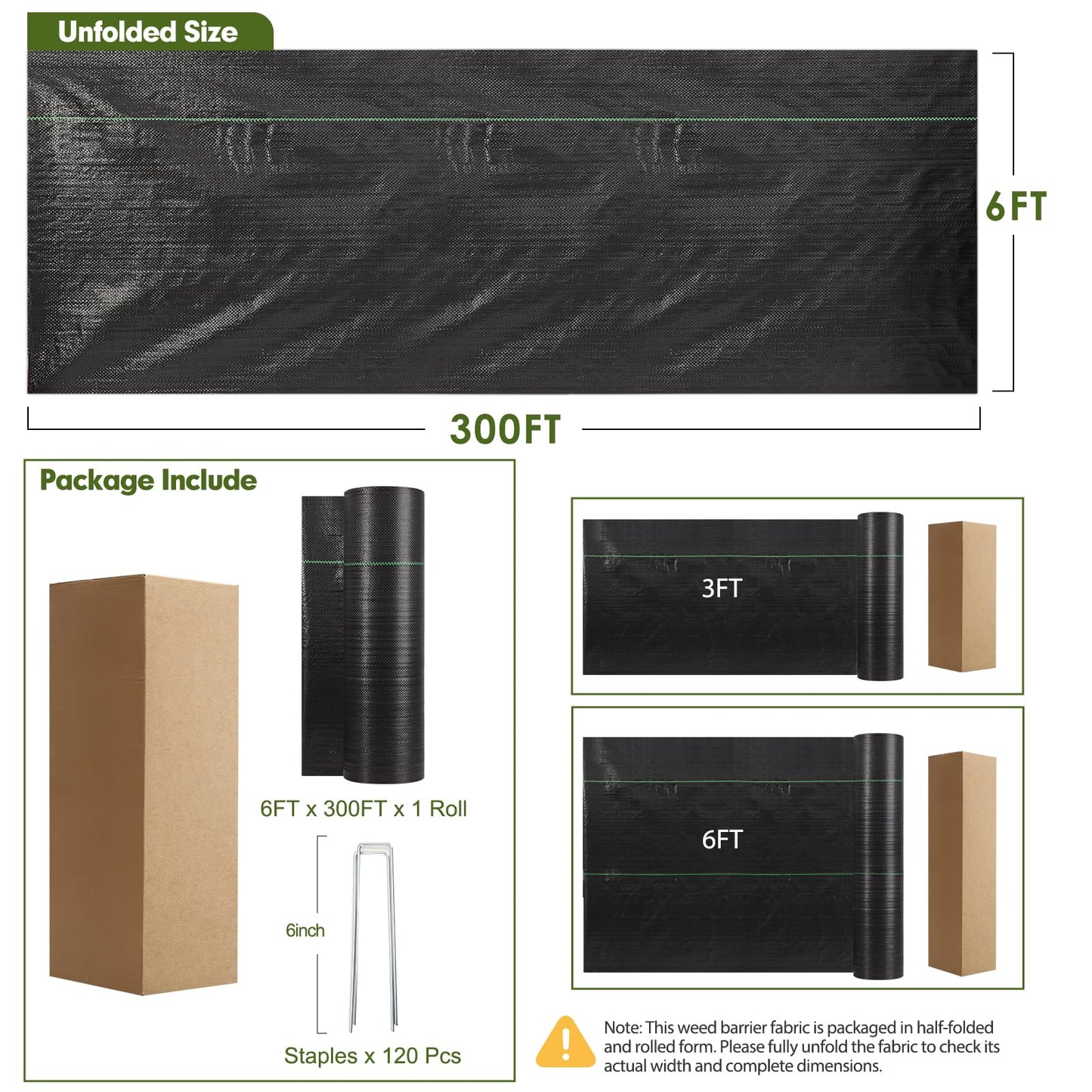 HongWay 6FT x 300FT Weed Barrier Landscape Fabric Heavy Duty, Woven Geotextile Weed Blocker Fabric with 120 U-Shaped Securing Pegs, Weed Control Mats Ground Cover for Garden Beds, Commercial Driveway