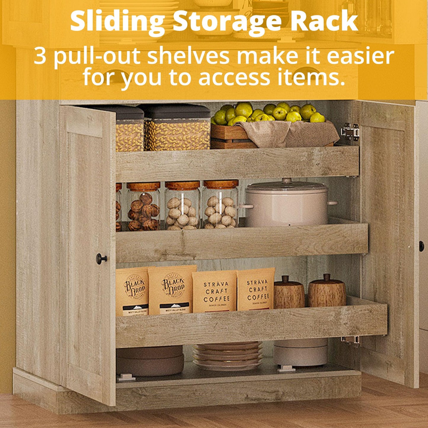 IRONCK Kitchen Pantry Cabinet 72" Height, Freestanding Cupboard with Drawer, Sliding Storage Rack, and 6 Hanging Shelves for Dining Room, Laundry, Rustic Maple
