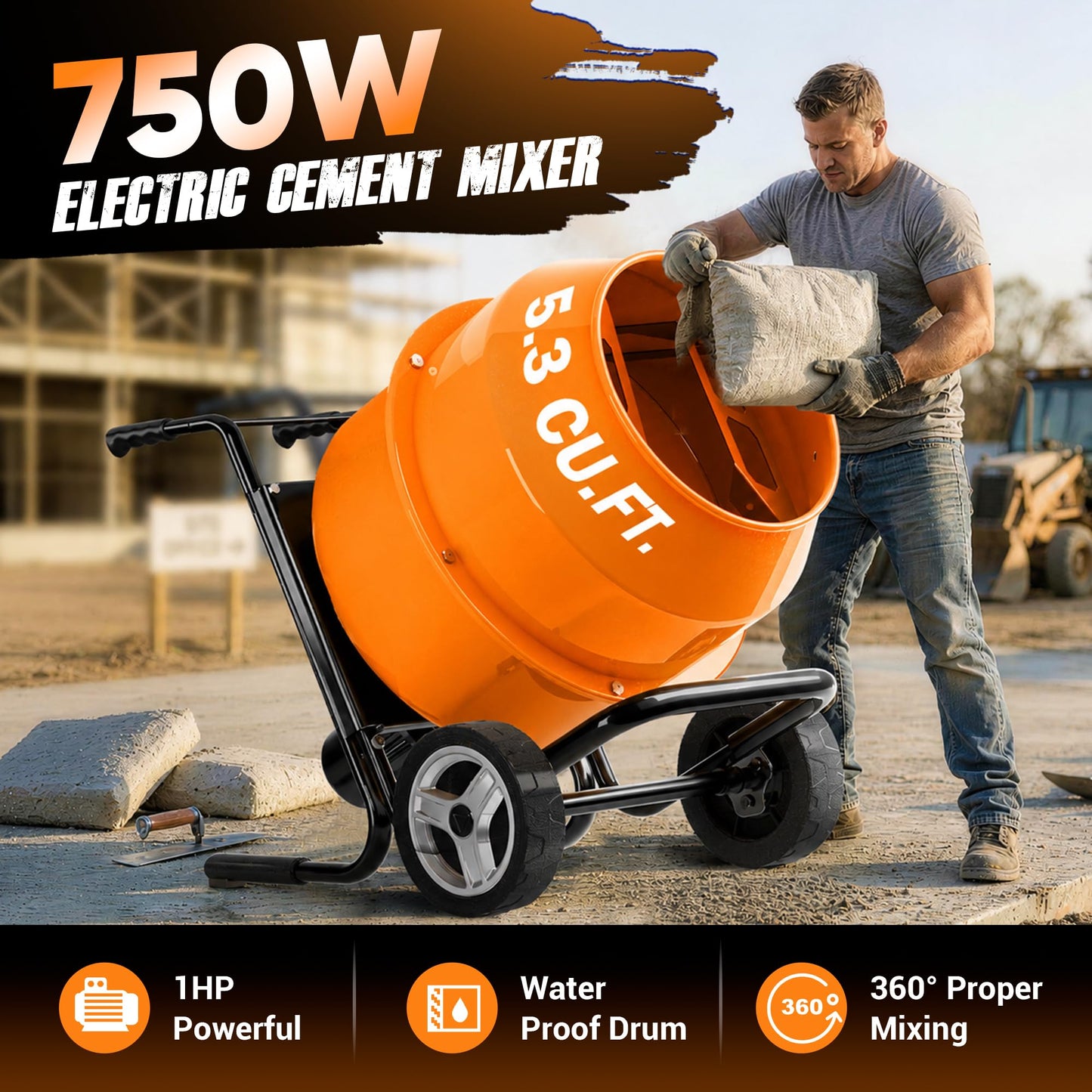 SILVEL 5.3 Cu.Ft. Cart-Mounted Concrete Mixer with Stand– 750W 1HP Electric Cement Mixer, Heavy Duty Mixing Machine for Mortar, Stucco & Grout, Orange