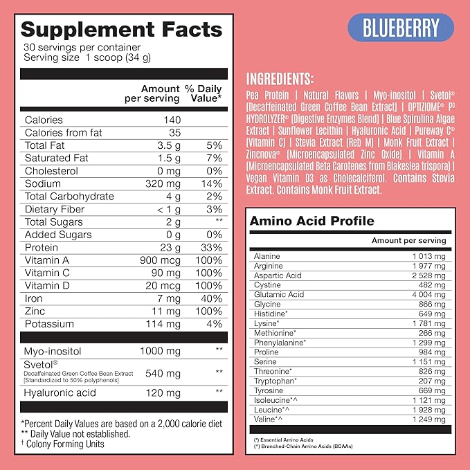 Fitmingo Vegan Protein Powder with Inositol, Collagen Boosters, Hyaluronic Acid and Vitamins | Low Carb, Dairy Free, Lactose Free, Low Calorie, 23g Plant Based Blueberry Protein Powder
