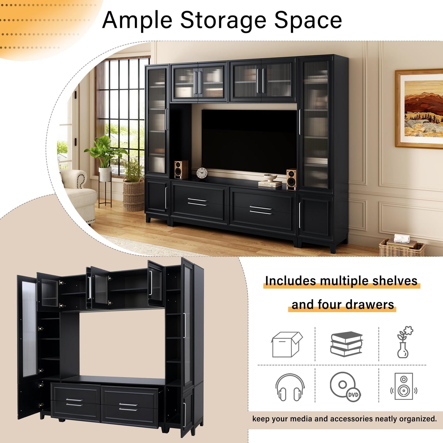 Merax 102" W Wall Unit Modern Entertainment Center with Glass Doors for TVs up to 75", Large Minimalist TV Stand Media Console with Drawers, Glass Doors for Living Room, Black