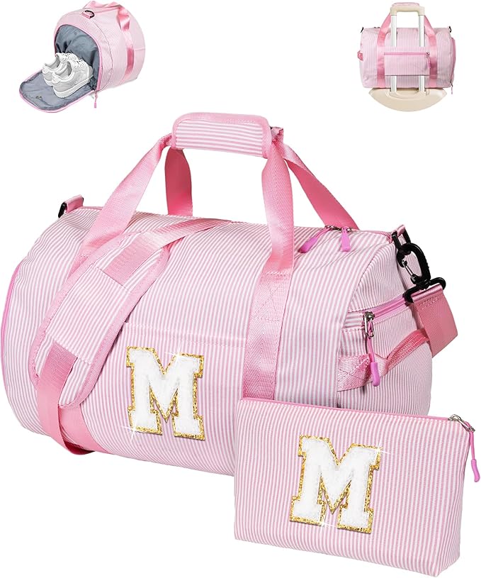 Cheer Up Gifts for Kid, Girl Gym Bag, Kids Initial Overnight Duffel Bags with Shoe Compartment, Personalized Travel Bag with Makeup Pouch, Preppy Things for Teen Girls (Letter M)