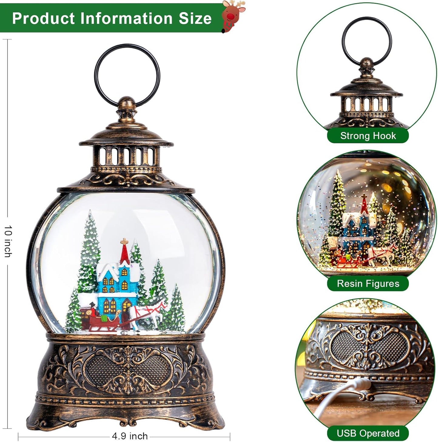 Regine Switzerland Christmas Snow Globe - Musical Water Lantern with Timer & USB/Battery Operation | Blue Church Design