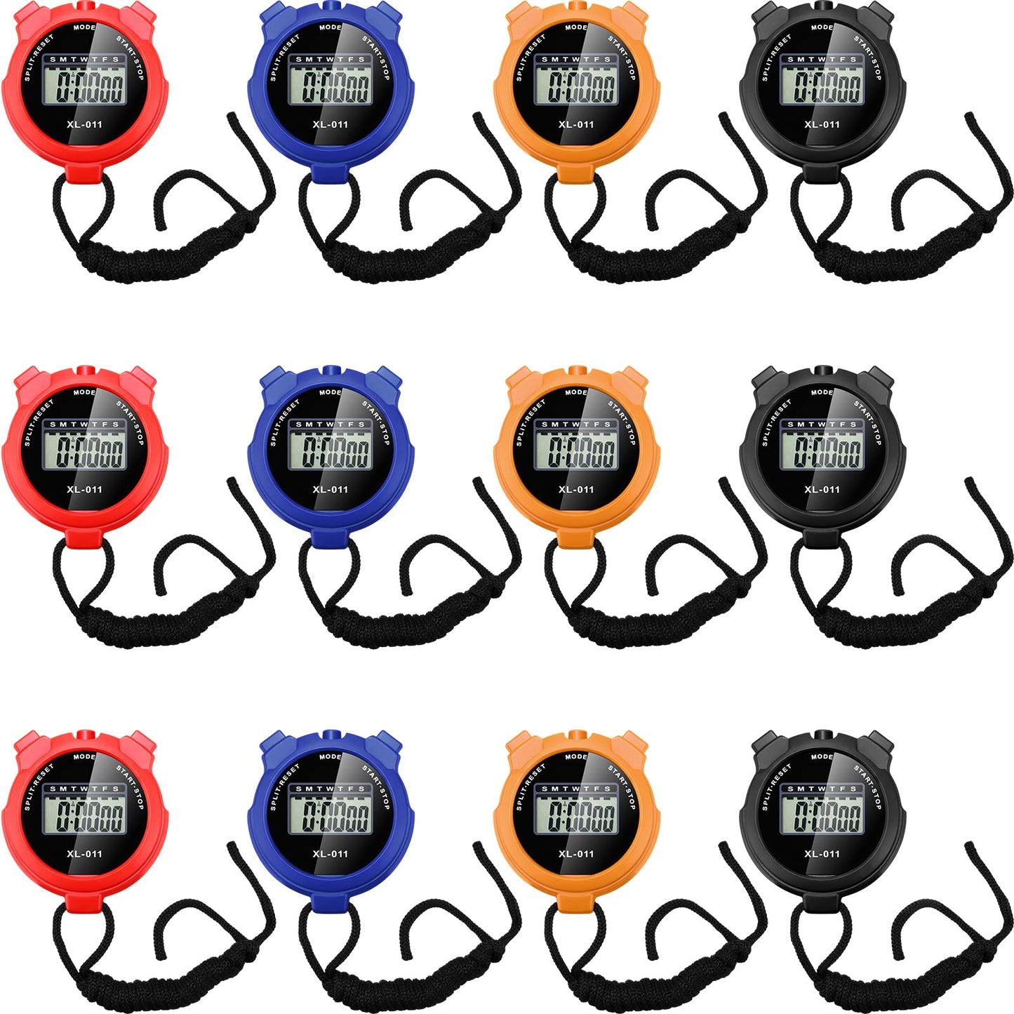 TOODOO 12 Pack Multi Function Digital Stopwatch Timer Bulk Sports Stopwatch with Lanyard Plastic Display Waterproof Date Time Alarm Timer for Coaches Fitness Referees(Black Blue Red Orange)