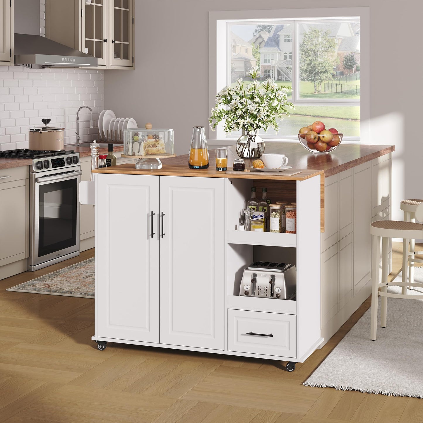 Garvee Rolling Kitchen Island on Wheels, 48'' Mobile Kitchen Cart with Drop Leaf, Butcher Block Island with Open Shelf, Drawer, Spice Rack, Wood Top, and Lockable Wheels