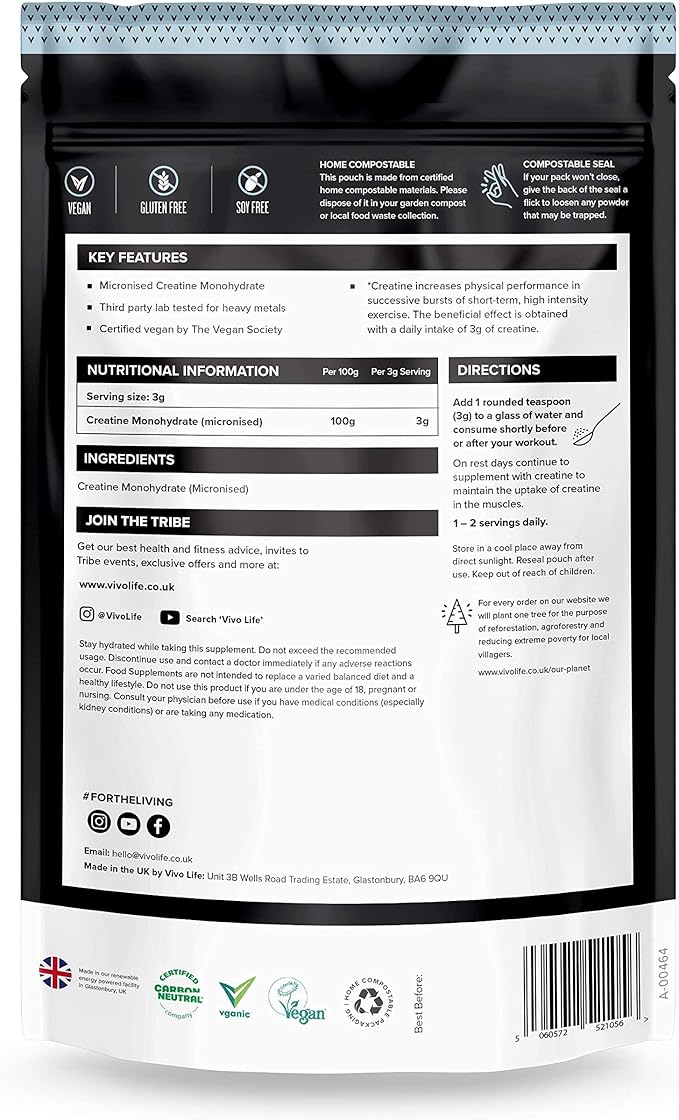Vivo Life - Creatine Monohydrate Powder Micronised - Vegan, Unflavoured (8.8 oz, 84 Servings)