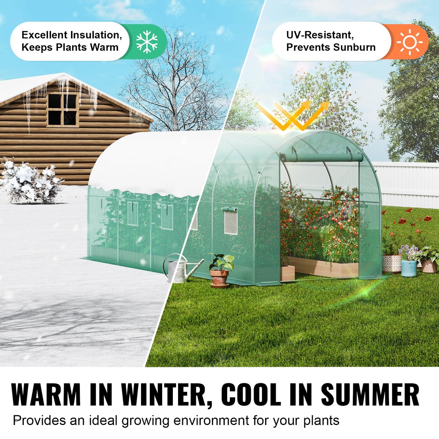 VEVOR Walk-in Tunnel Greenhouse, 14.6x6.4x6.3 ft Hoop House Greenhouse Tunnel, Plant Hot House with Galvanized Steel Frame, Green PE Cover, Roll-up Zipper Door and 8 Windows for Outdoor