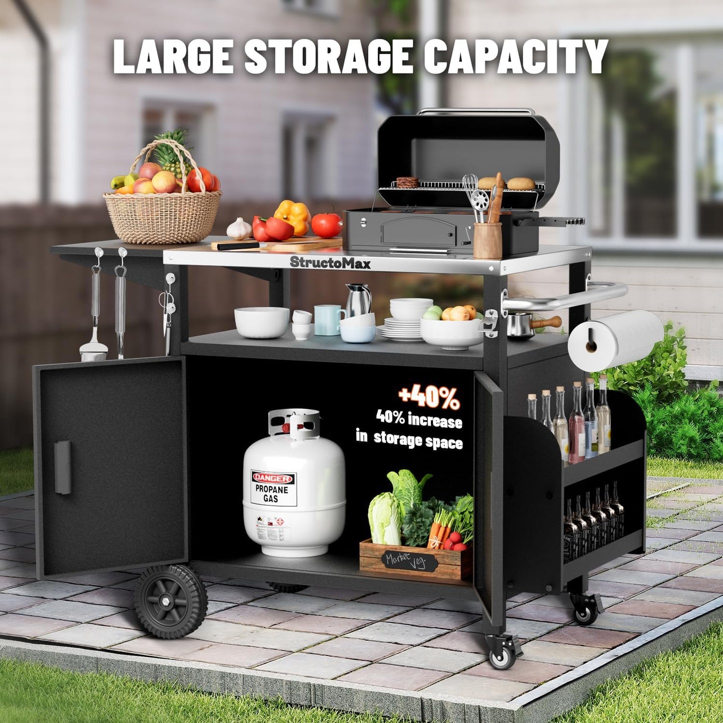 StructoMax XL Outdoor Grill Cart with Cabinet, Extra-Wide Stainless Steel Table Top, Large Spice Rack & Lockable Wheels, Outdoor Kitchen Island Grill Table for BBQ, Cooking & Prep