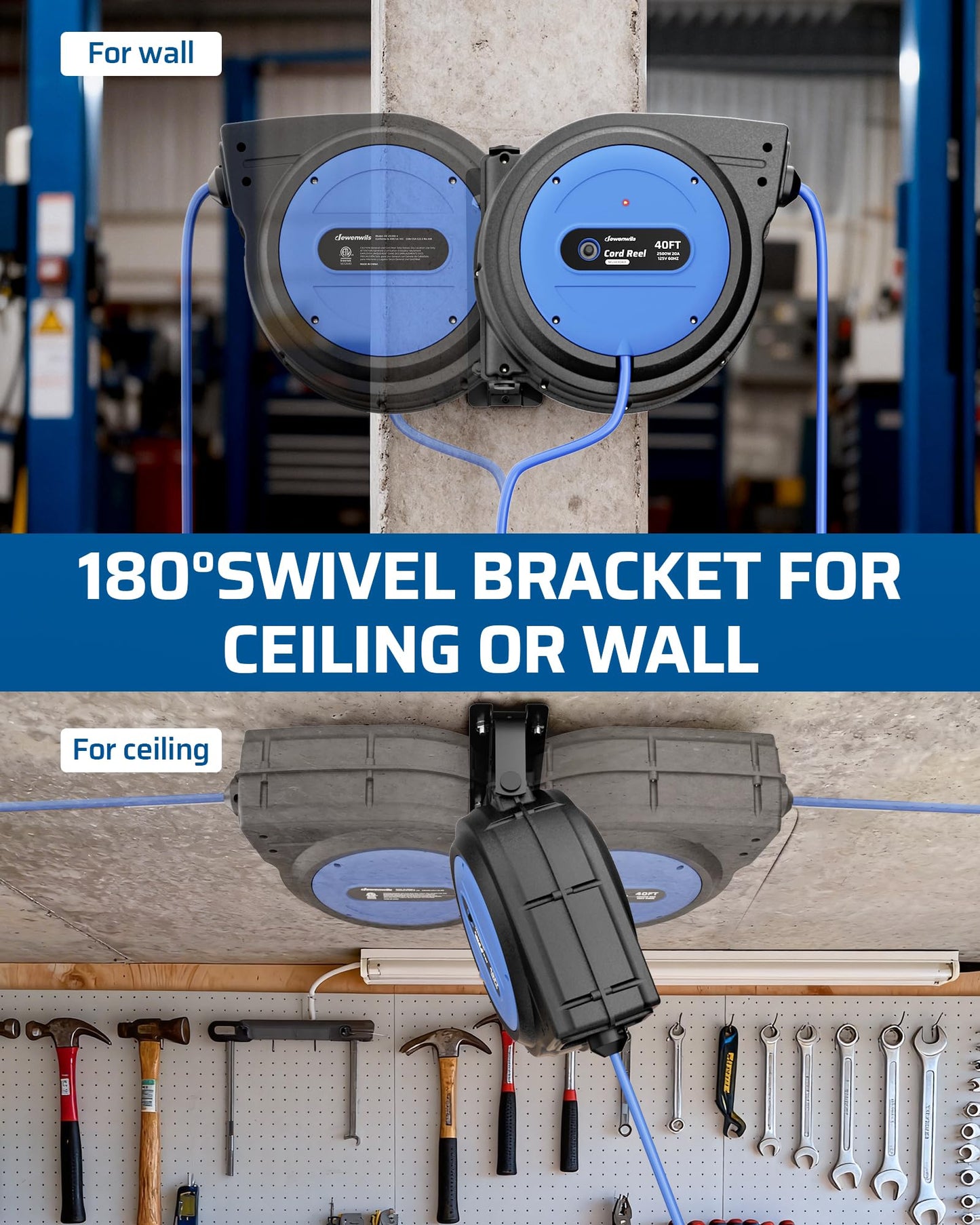 DEWENWILS 20 Amp Retractable Extension Cord Reel, 40FT 10AWG SJTOW Heavy Duty Extension Cord, Auto-Rewind No-Tangle, Circuit Breaker, 4 Outlets for Garage Shop, 2500W, Blue
