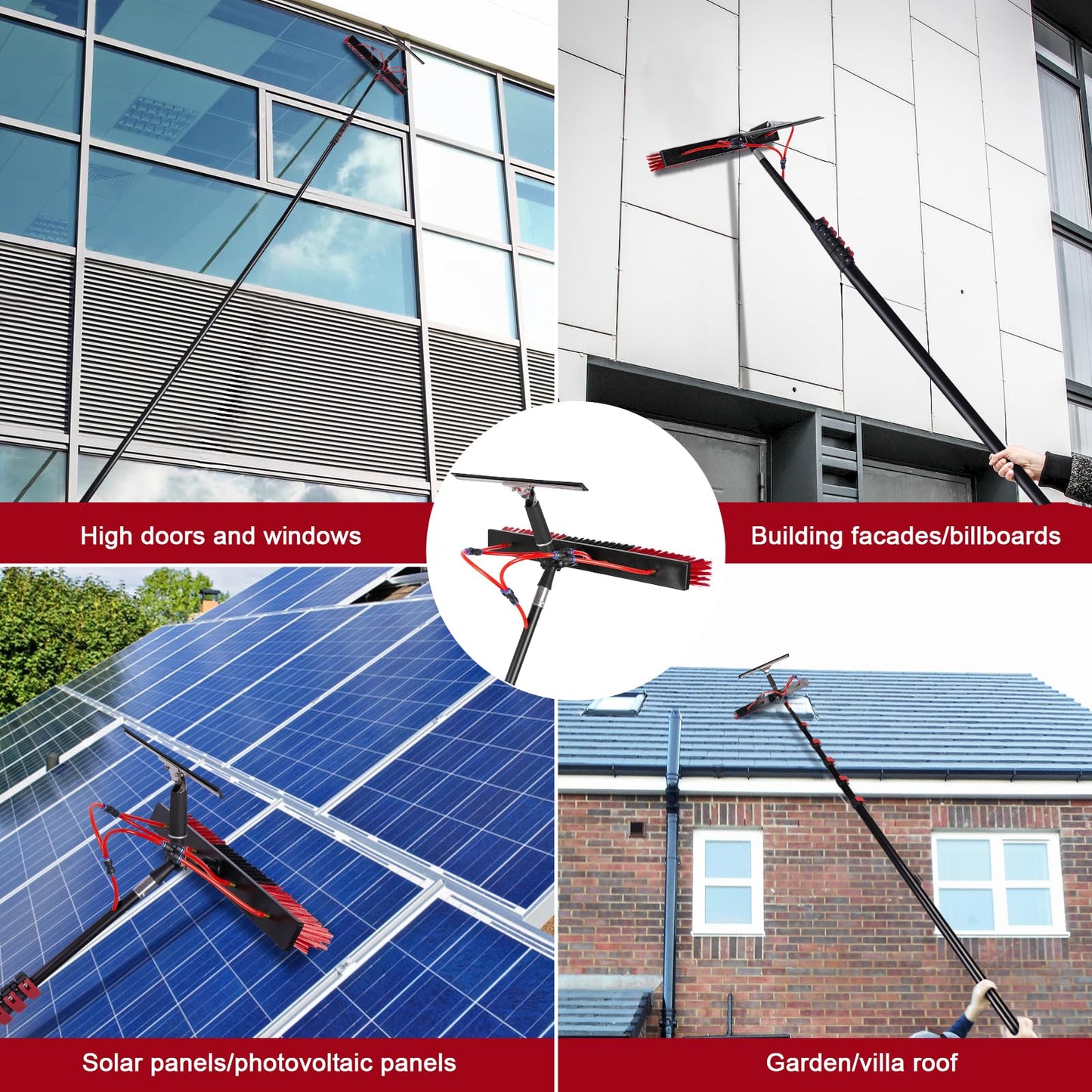 18FT Solar Panel Cleaning Brush & Squeegee Kit, Proffesional Window Washing Tool, 22in Wide Brush & 2 Dusting Brush, Water Fed Pole, Extendable Telescopic Pole for Roof Mounted Solar Panels