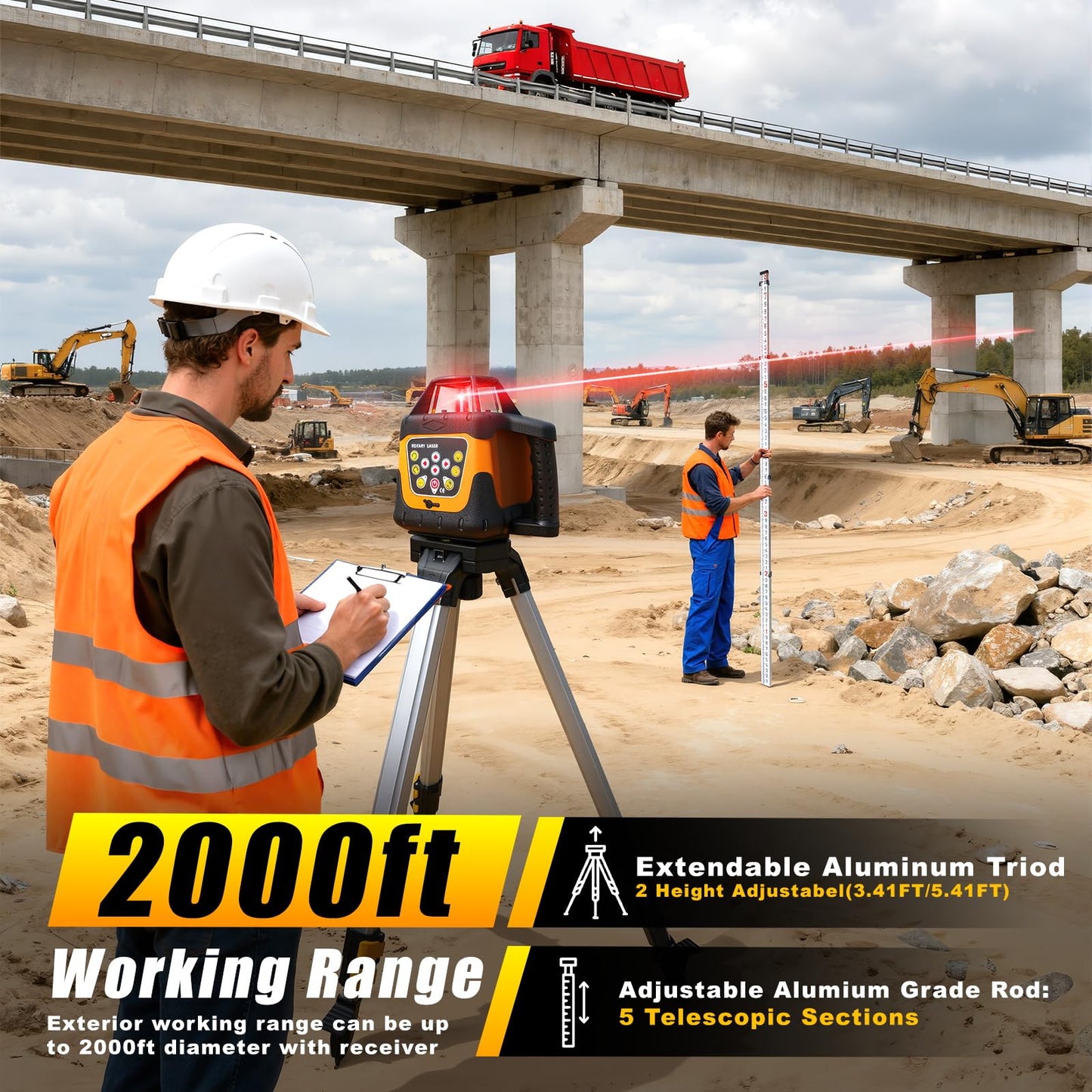 Red Rotary Laser Level 2000ft, 360 Degree Self Leveling Laser Level Kit with Receiver Remote Control and Surveying Tripod 16.4ft Staff, 5 Rotation Speeds& 4 Angles Adjustment,IP66 Waterproof.