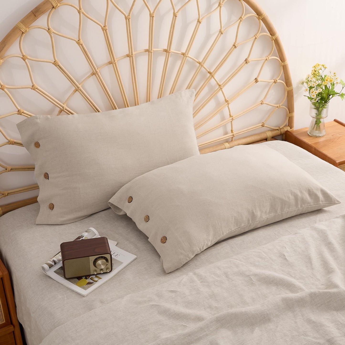 ATLINIA Linen Pillow Cases Standard Size - 20"x 26" Pillowcase Set of 2, Button Closure Cooling Breathable Pillow Cover, Bed Flax Linen Cotton Blend Farmhouse Netural Pillow Sham Linen Color