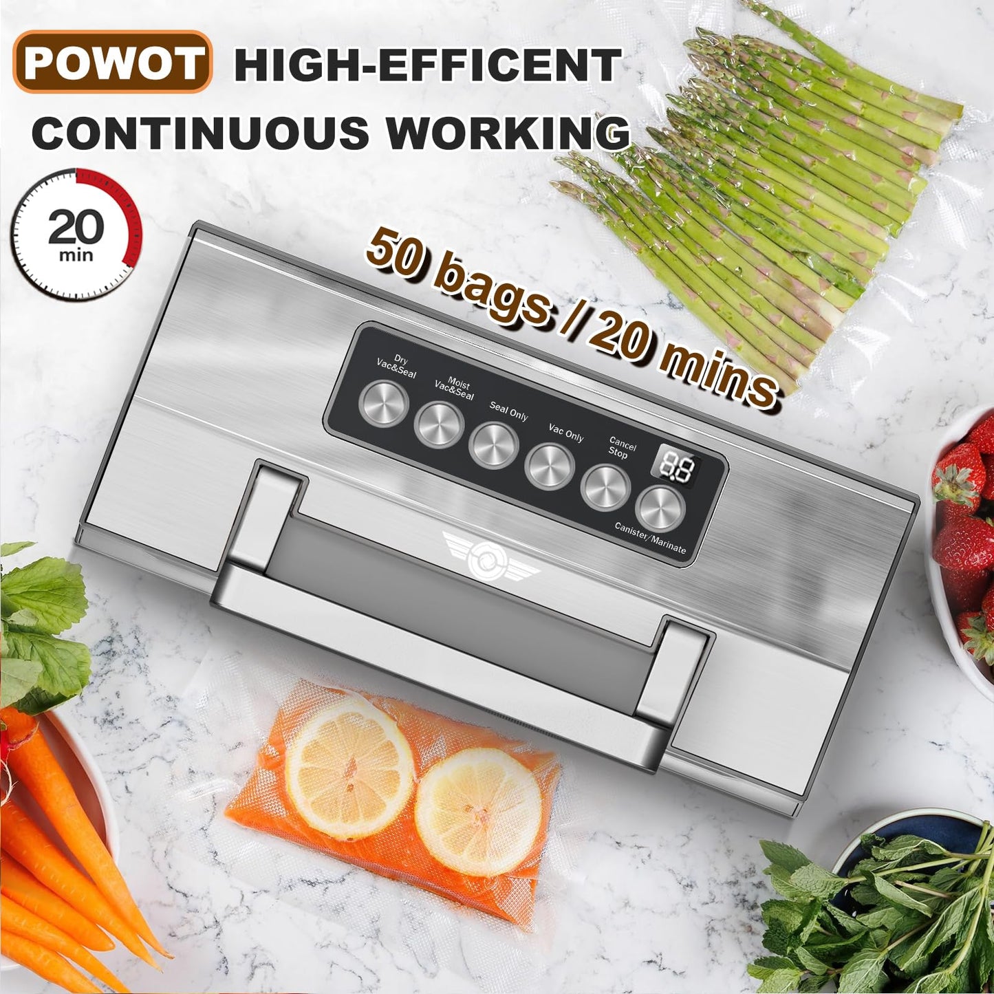 Precision Food Vacuum Sealer Machine, POWOT Fully Automatic Vacuum Sealing System, Commercial Food Vacuum Saver Pro, Double Heat Seal, Easy-Lock Handle, Built-in Cutter&Bag Storage, Hose&Bag Rolls
