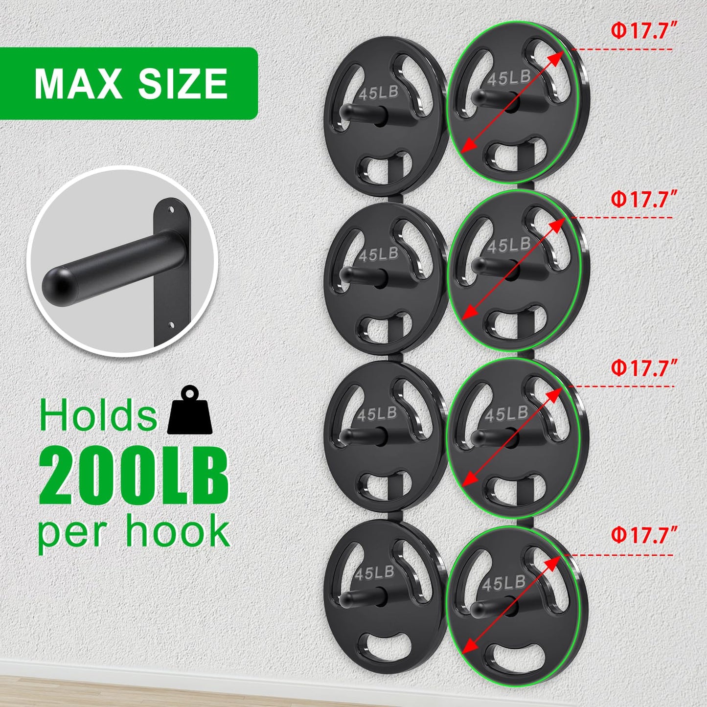Kipika Weight Plate Storage Rack - Wall Mounted 4-Peg Durable Steel Construction Organizer for Olympic Plates, 1600lb Capacity, Space-Saving for Home Gym