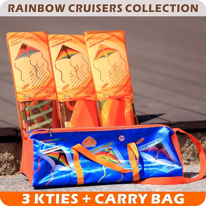 ORGCLDKT-Rainbow Cruiser Delta Kite, Kites for Kids Ages 8-12,4-8,Boys,Girls,Kites for Adults,Beach,Beginners,Giant.1Pc or 3Pcs Pack. Easy to Fly.