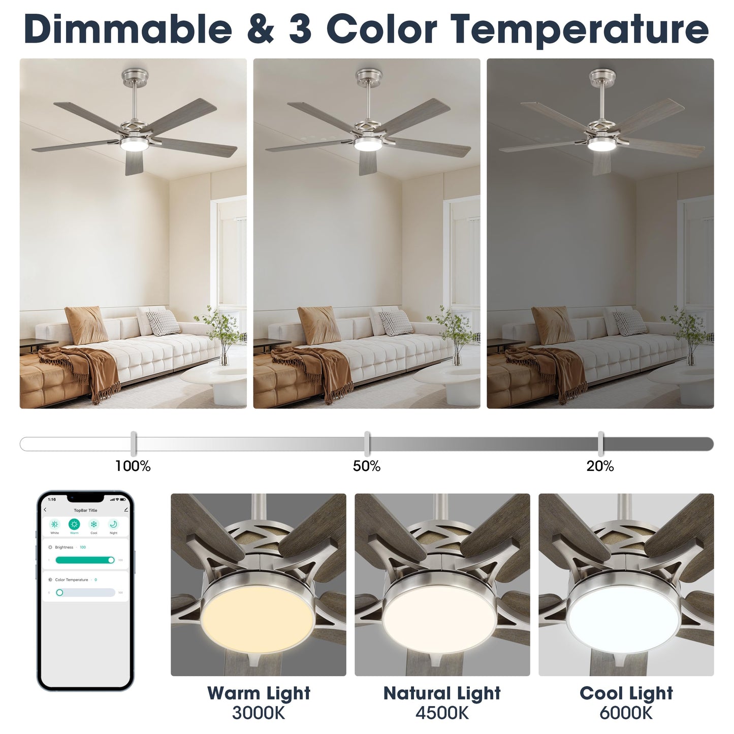 WINGBO 52" Smart Ceiling Fan with Lights, 5 Plywood Blades, 6 Speeds Reversible DC Motor, Works with Alexa and Google Assistant, 3CCT Dimmable LED Ceiling Fan for Bedroom Living Room, Nickel and Grey
