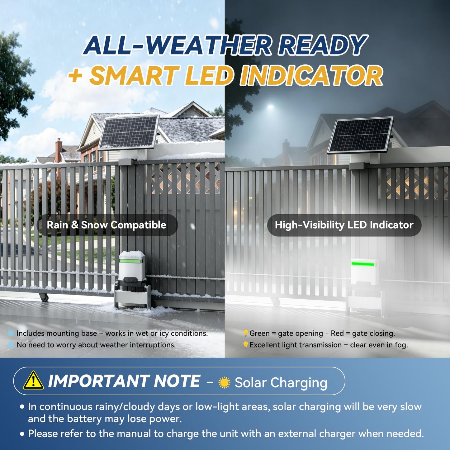 1300lbs Solar Sliding Gate Opener Chain Drive with Built-in Backup Battery, WiFi Remote Control, IR Sensor, Keypad, Automatic Gate Motor, Off-Grid Operation with Solar Panel