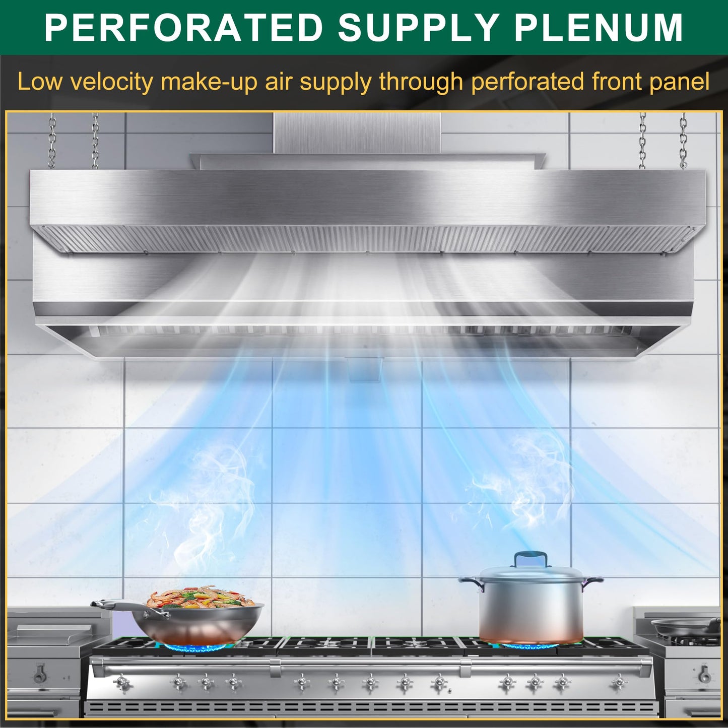 6ft Perforated Supply Plenum for Commercial Exhaust Hood–Makeup Air Hood Stainless Steel Air Supply Plenum with Microplate, Lifting Lugs & Single Exhaust Port