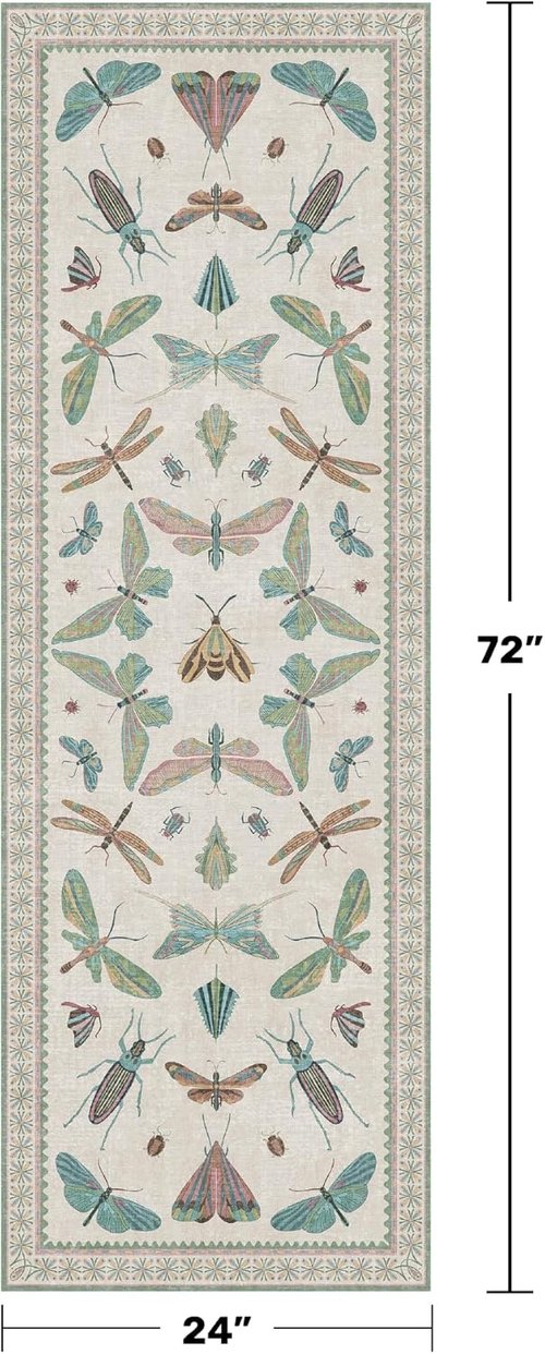 Hazo Haus Boho Bathroom Runner - 2x6 Non-Slip Washable Blue & Green Rug | Butterfly Insect Print Decor